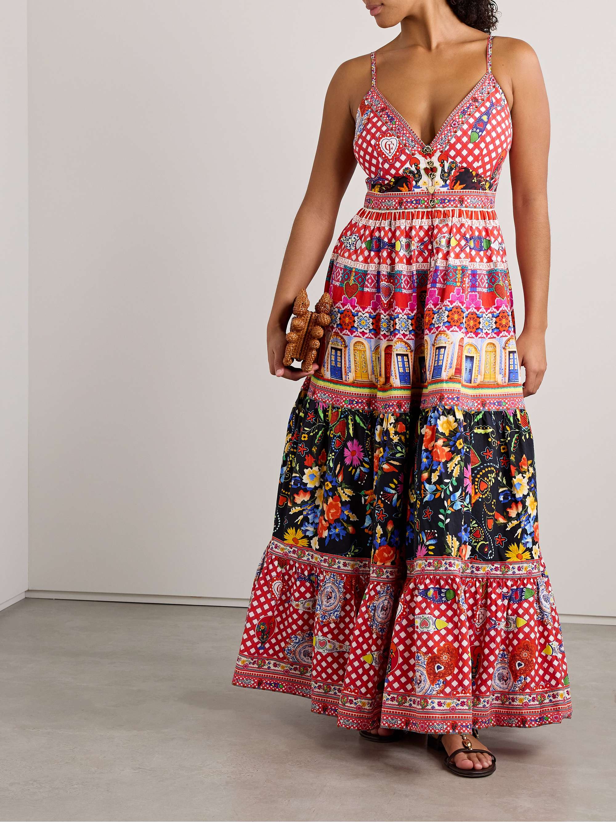 Tiered crystal-embellished printed organic cotton-poplin maxi dress view