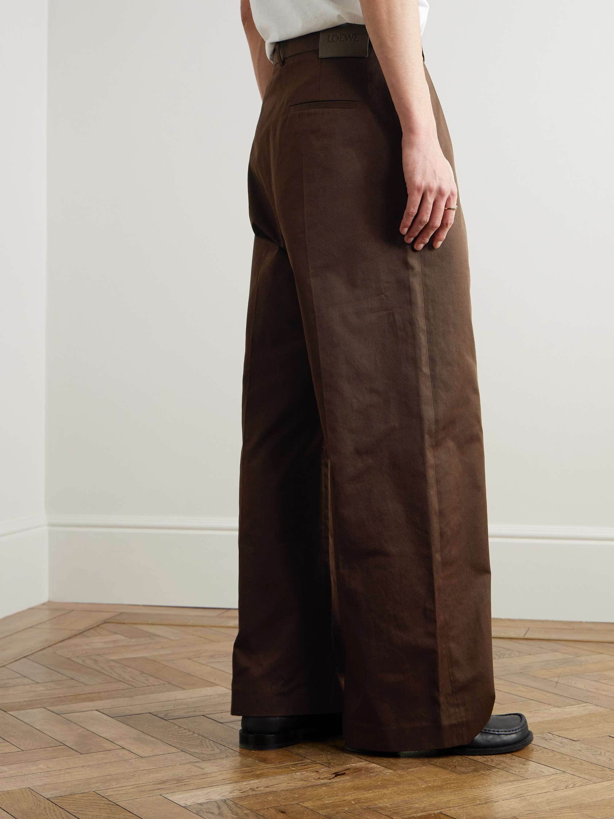 Straight-Leg Pleated Leather-Trimmed Cotton-Twill Trousers view