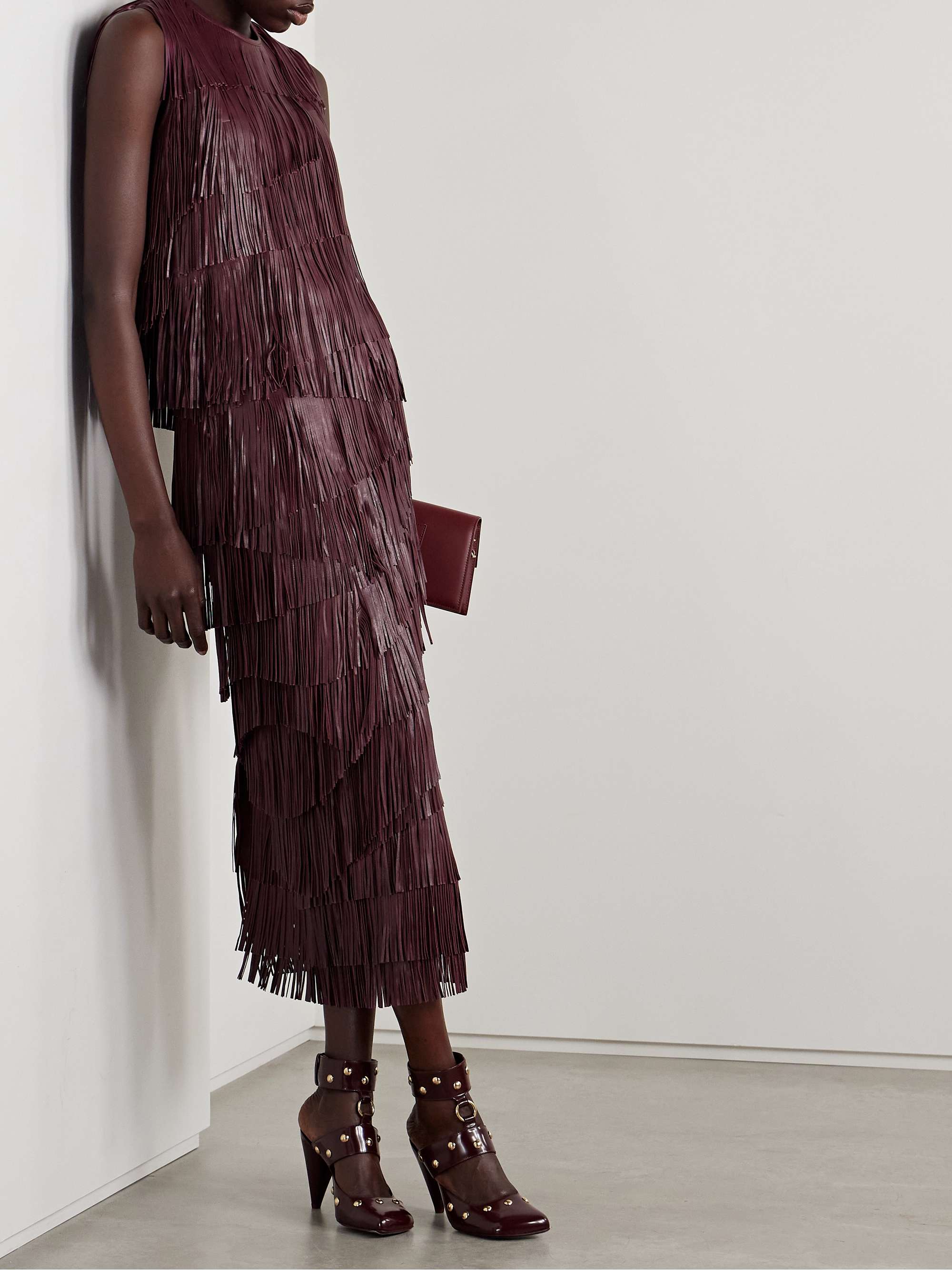 Therese tiered fringed leather midi skirt view