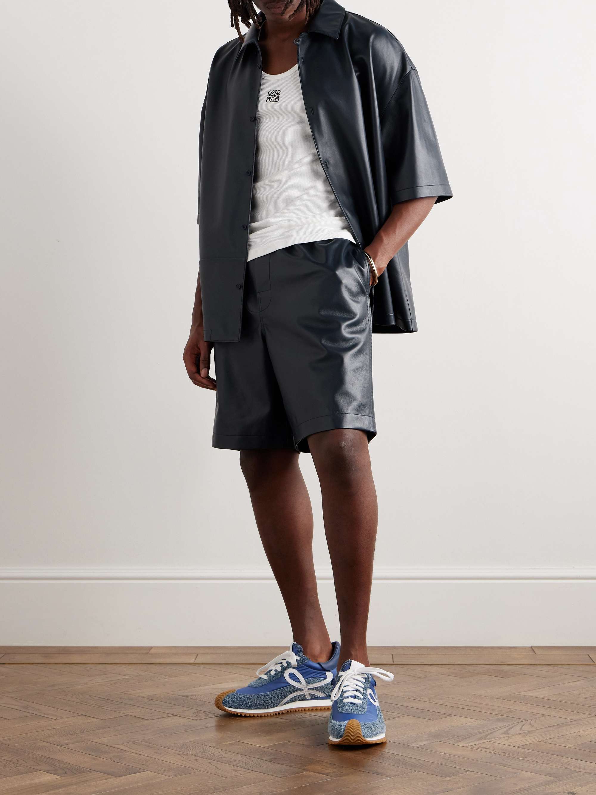 Wide-Leg Logo-Embossed Leather Shorts view