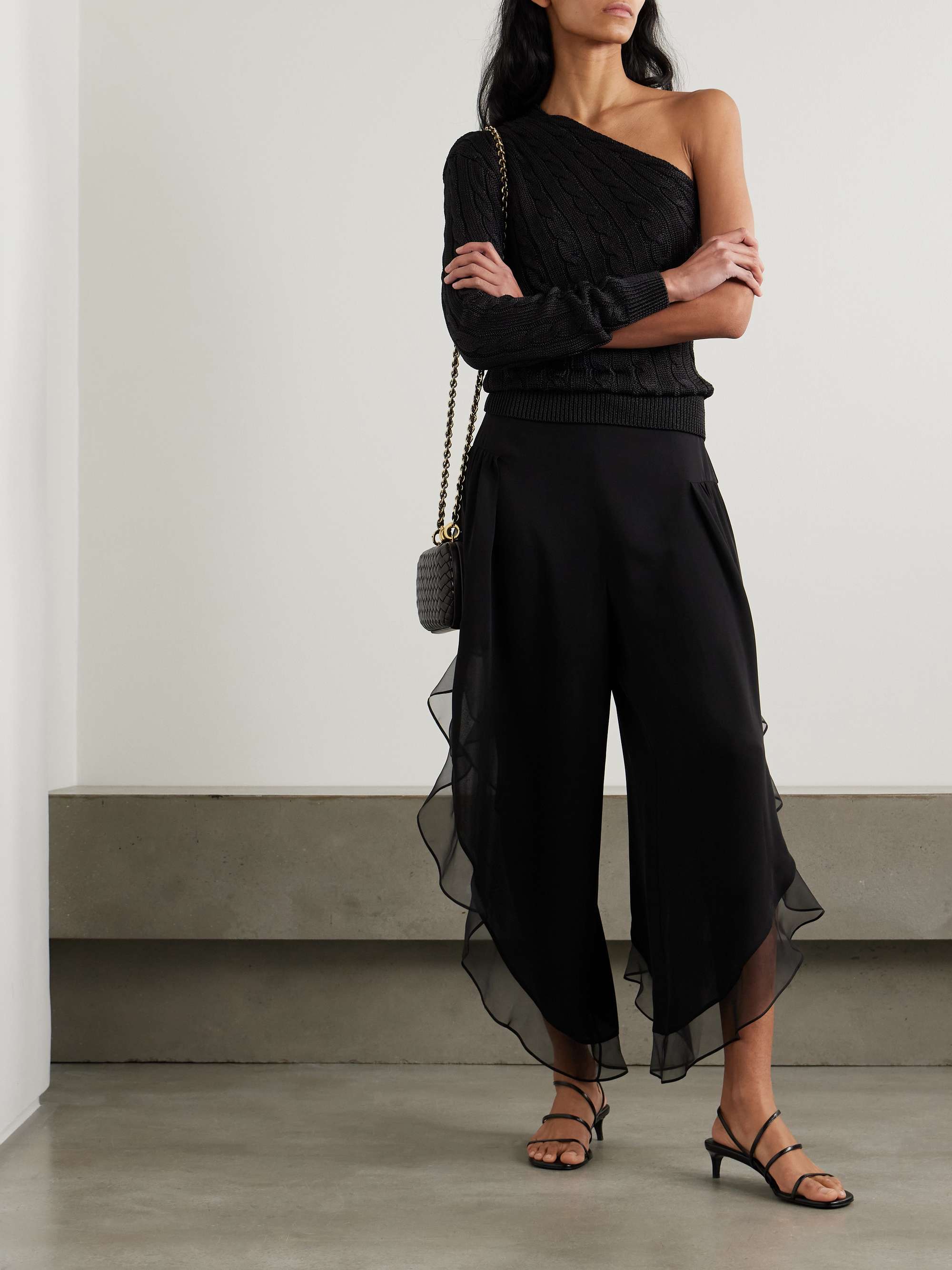 Asymmetric ruffled silk-chiffon wide-leg pants view