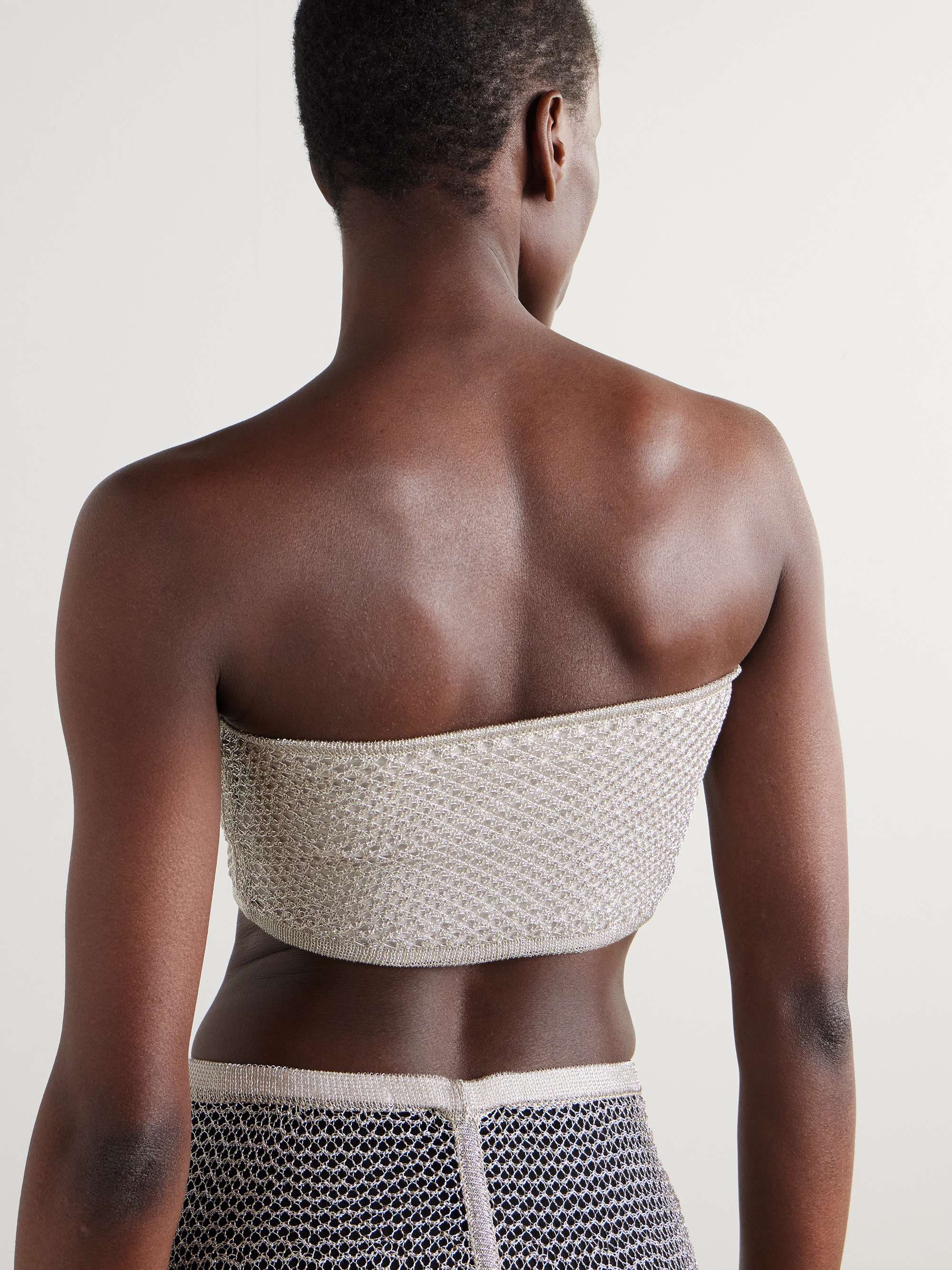 Cropped metallic open-knit bandeau top view