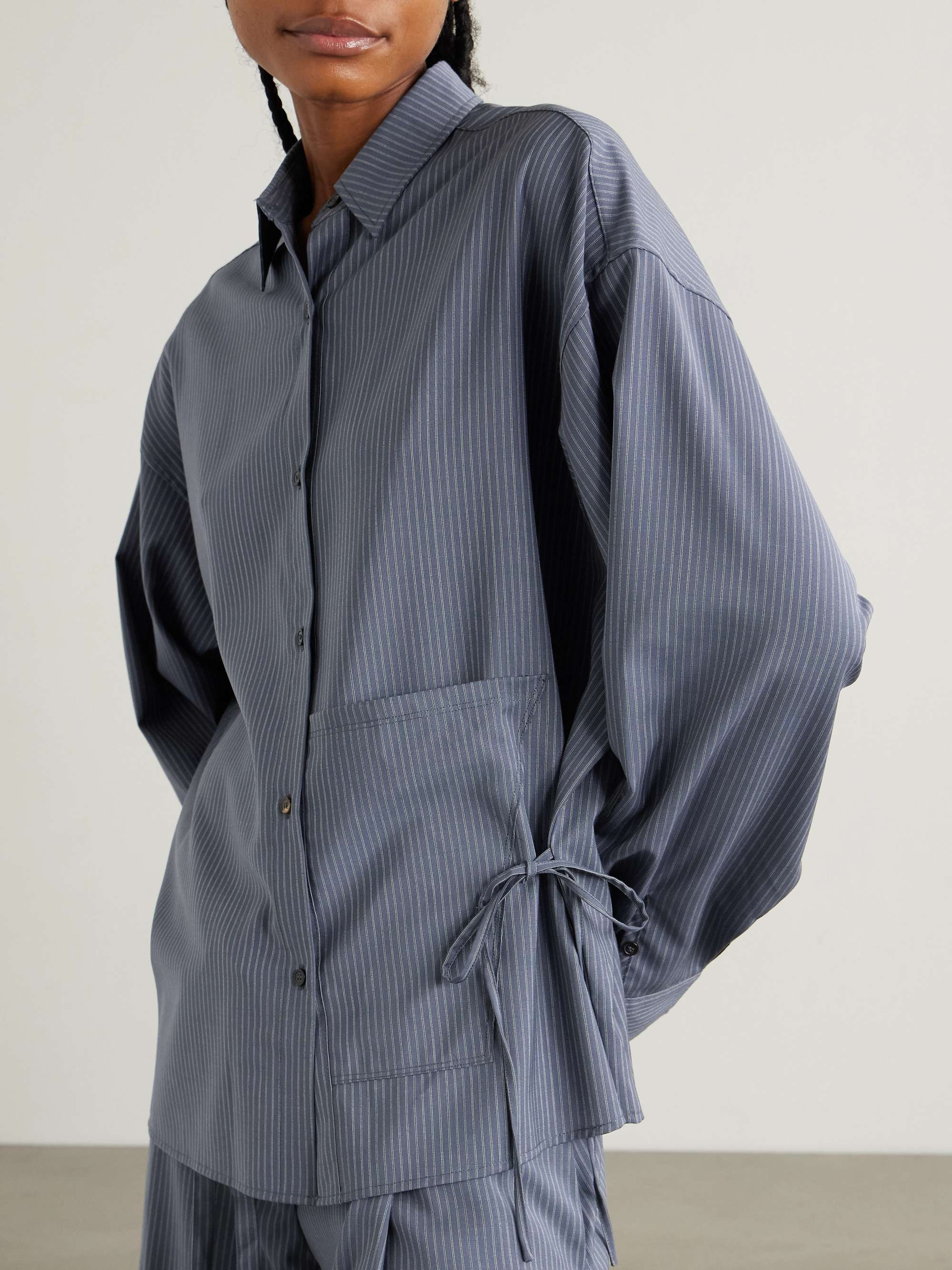 Tie-detailed striped wool shirt view