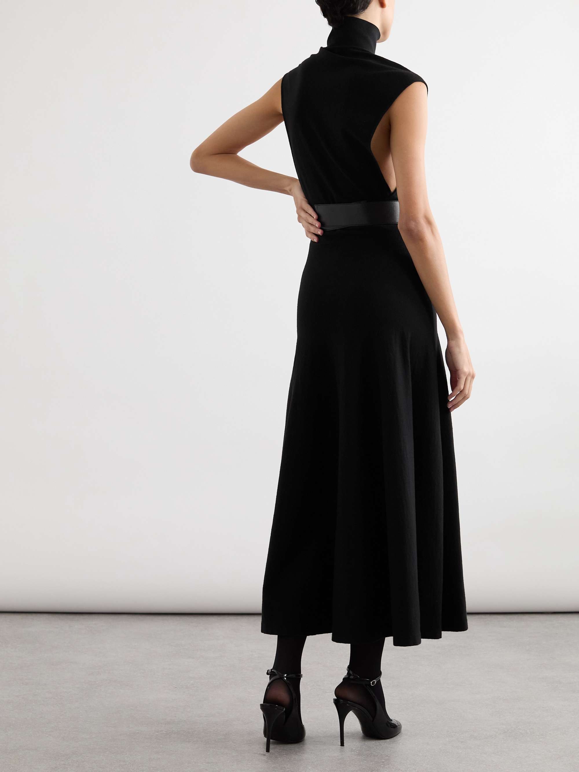 Belted leather-trimmed wool-blend turtleneck midi dress view
