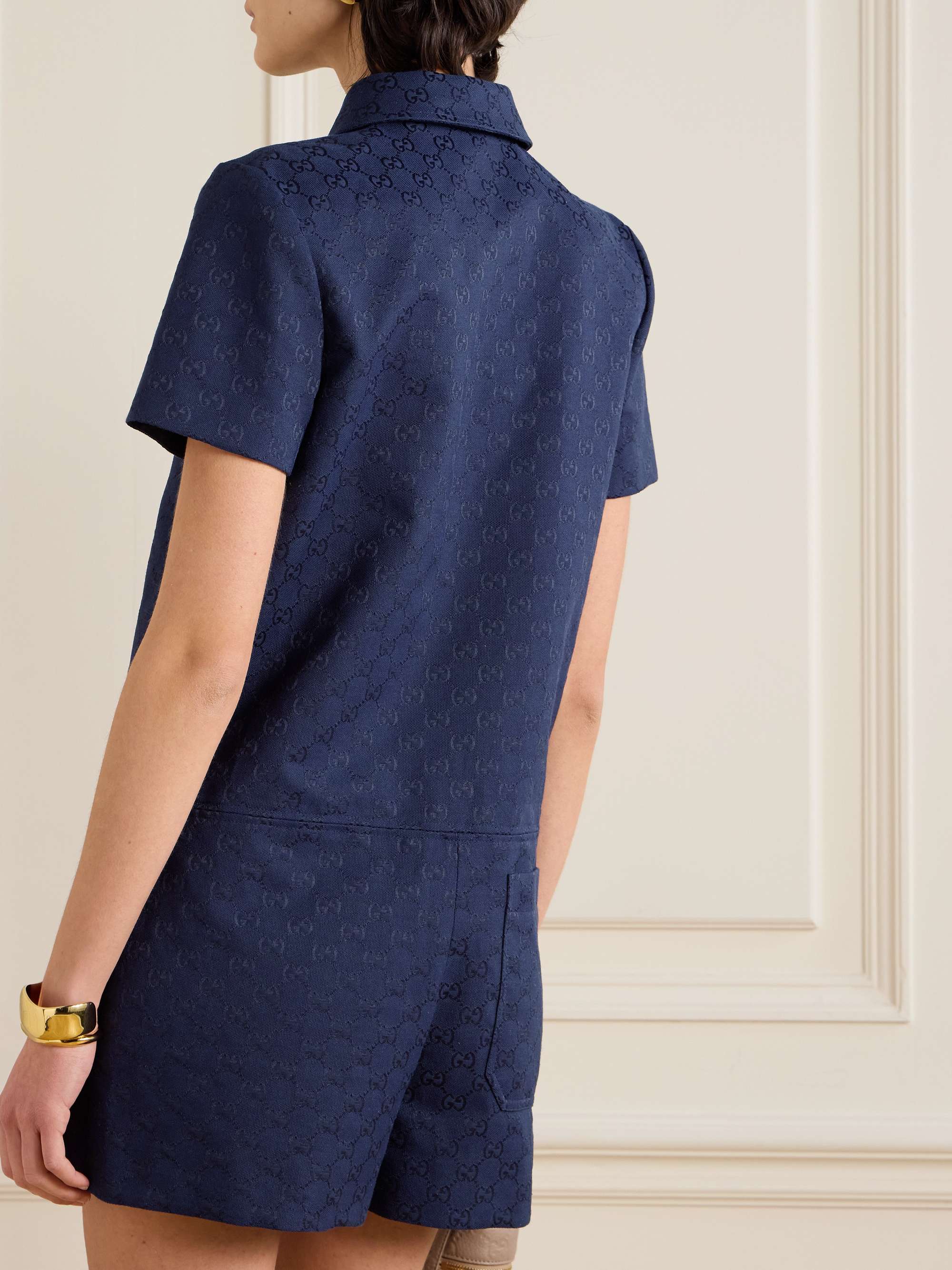 Embellished leather-trimmed canvas-jacquard playsuit view