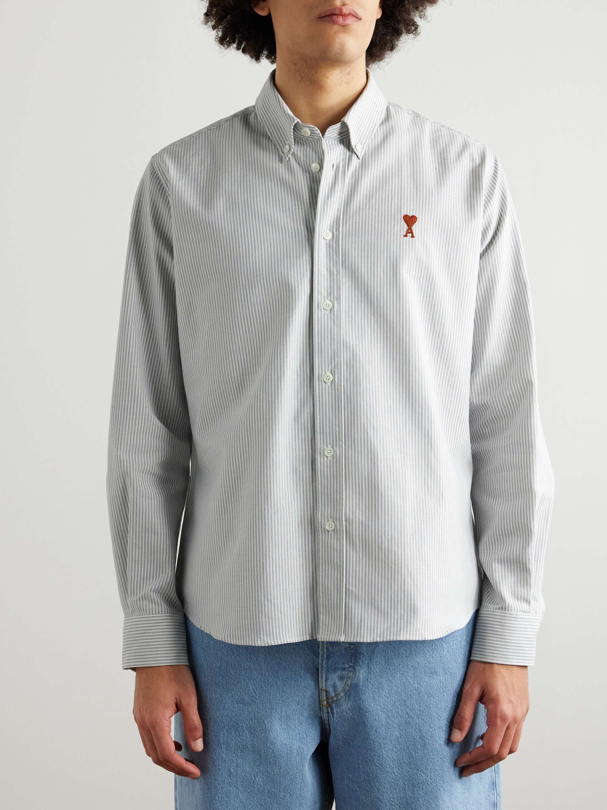 Button-Down Collar Logo-Embroidered Striped Cotton Oxford Shirt view