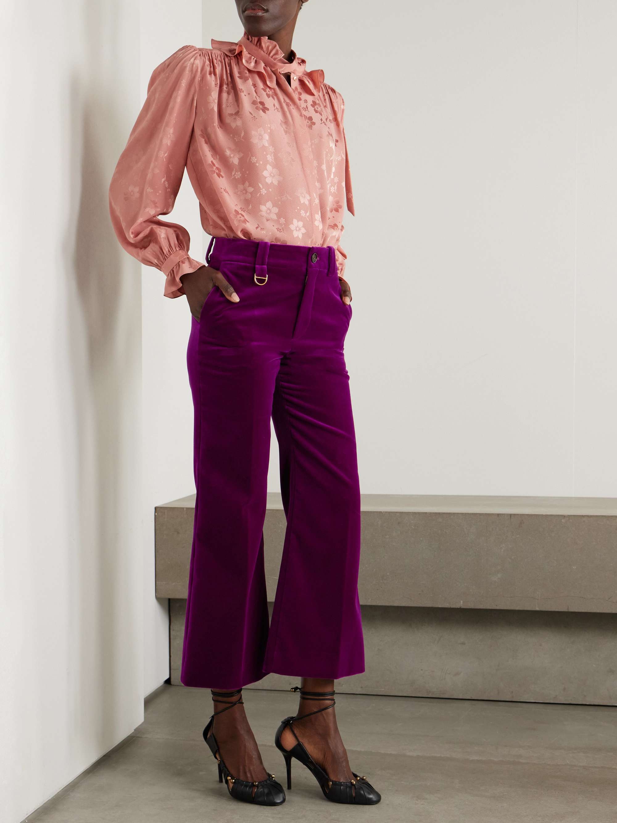 Cropped cotton-velvet bootcut pants view