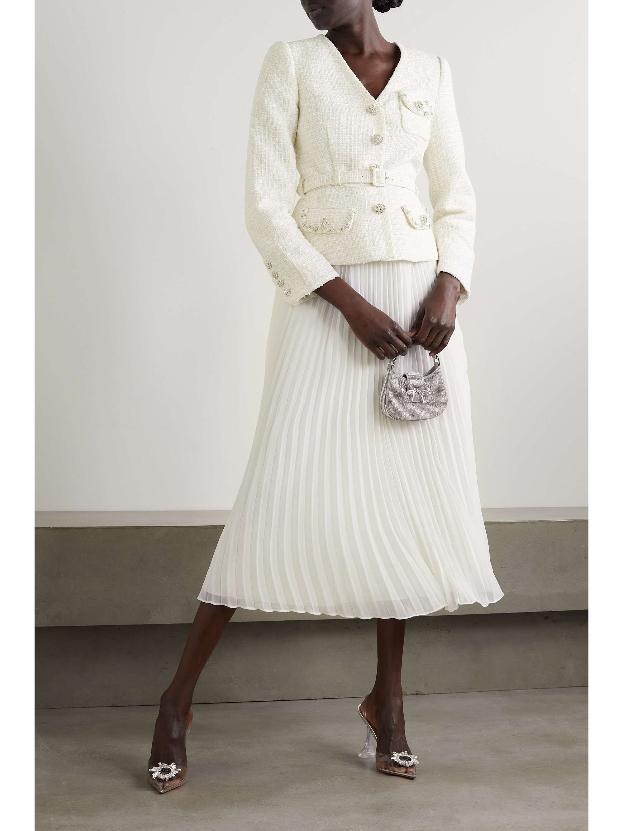 Pleated georgette and sequin-embellished metallic bouclé midi dress view