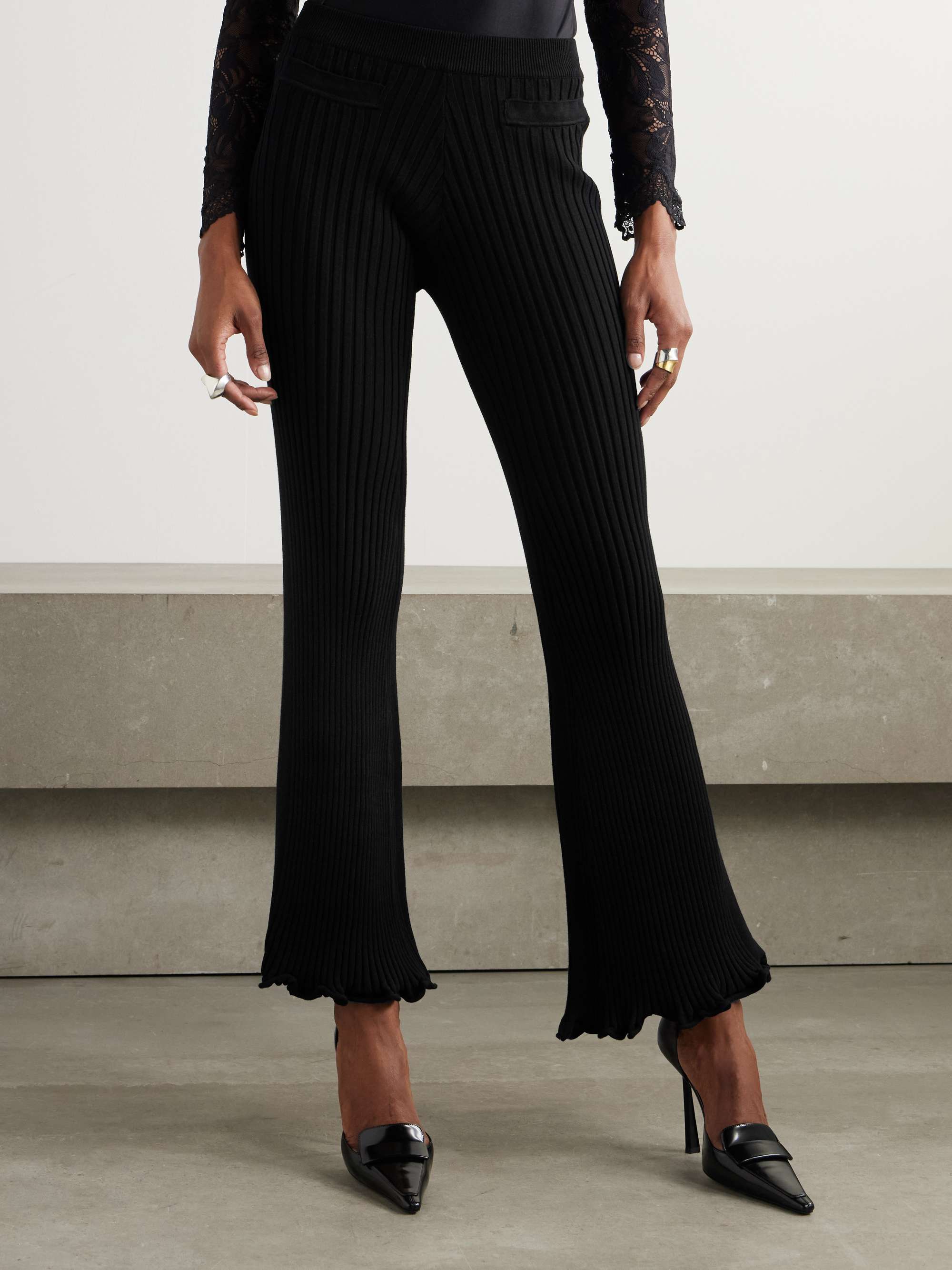 Ruffled ribbed-knit flared pants view