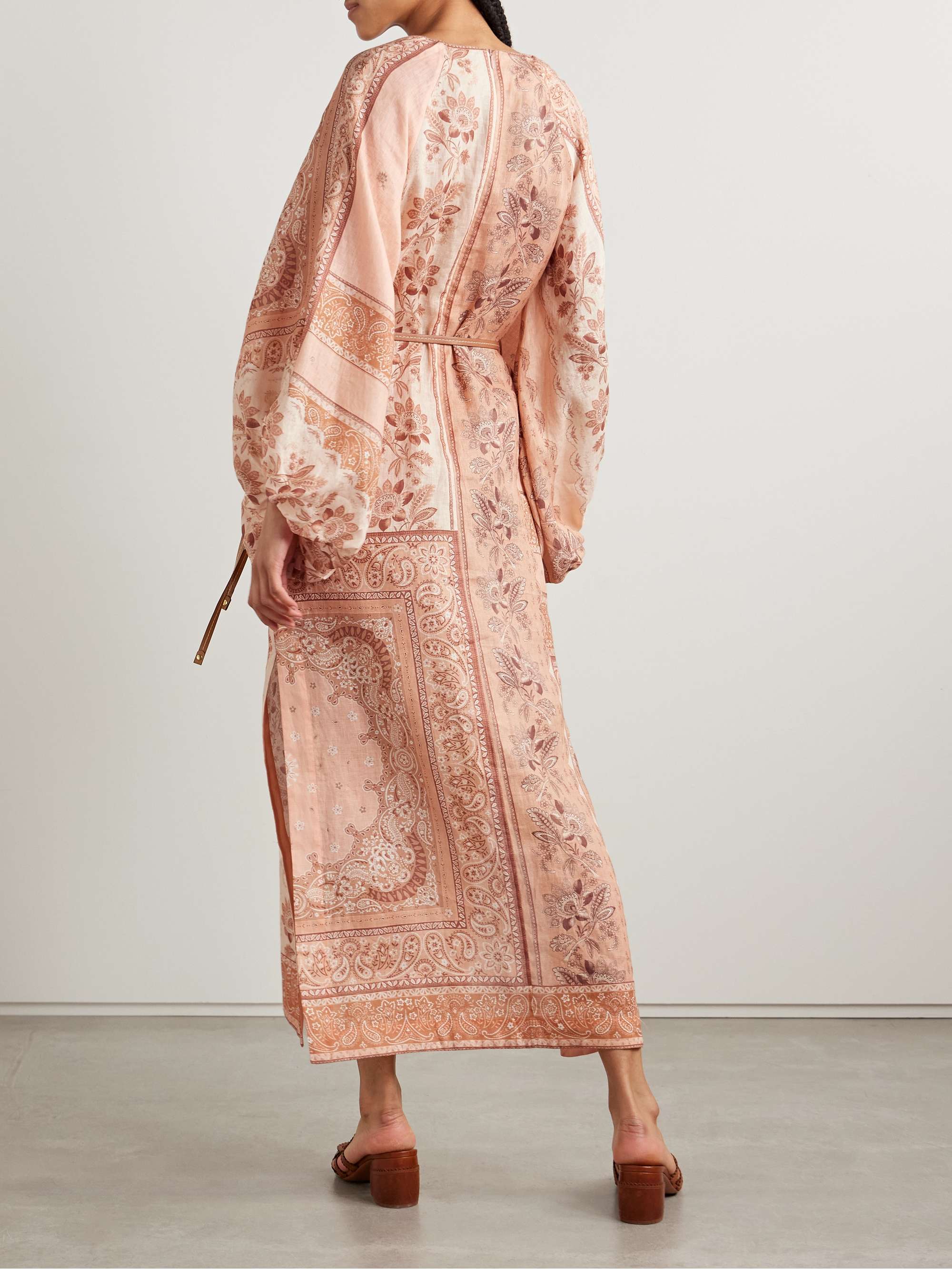 Lucky leather-trimmed belted paisley-print linen midi dress view