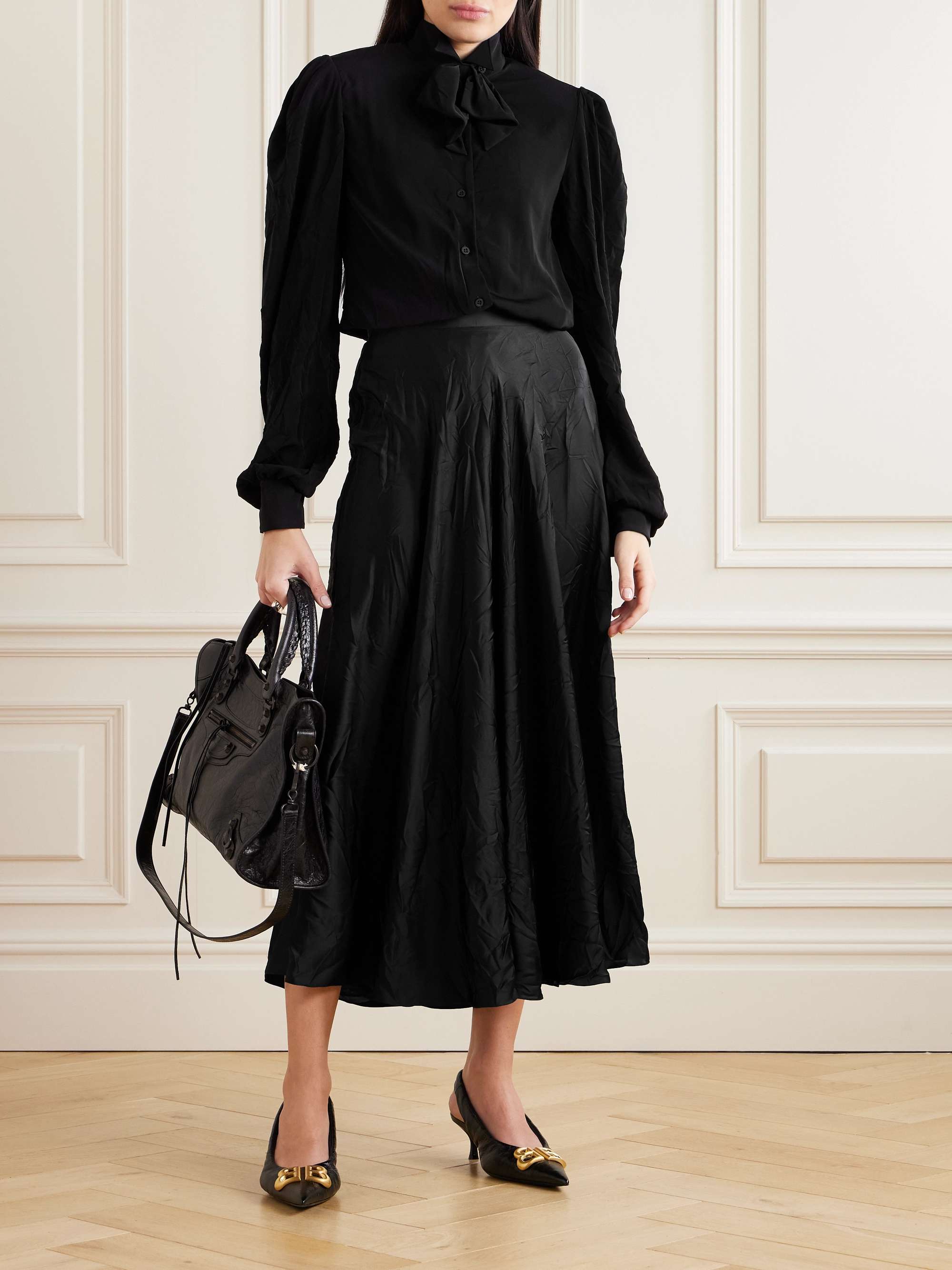 Pleated crinkled-satin midi skirt view