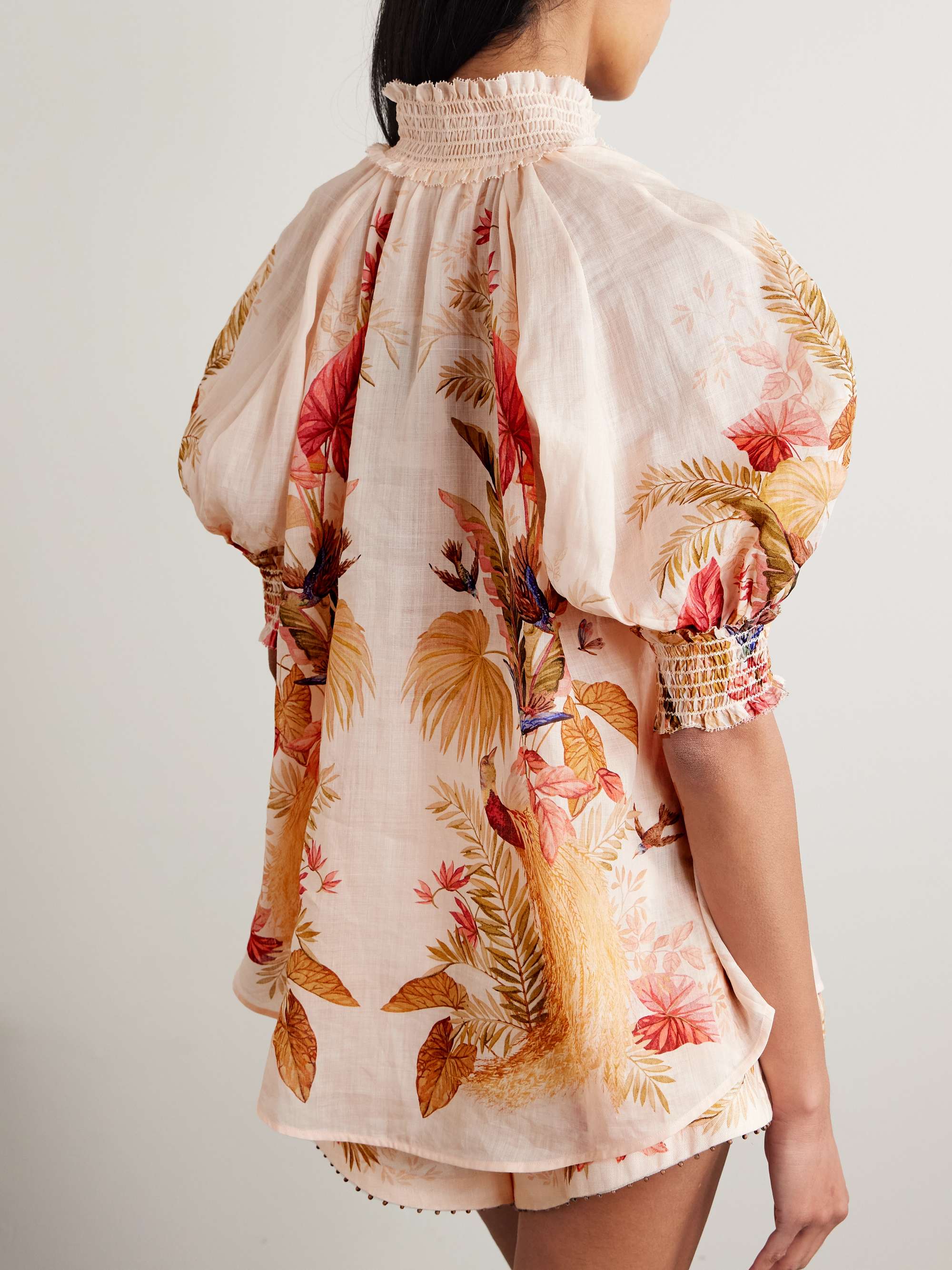 Ascension embellished shirred floral-print ramie blouse view