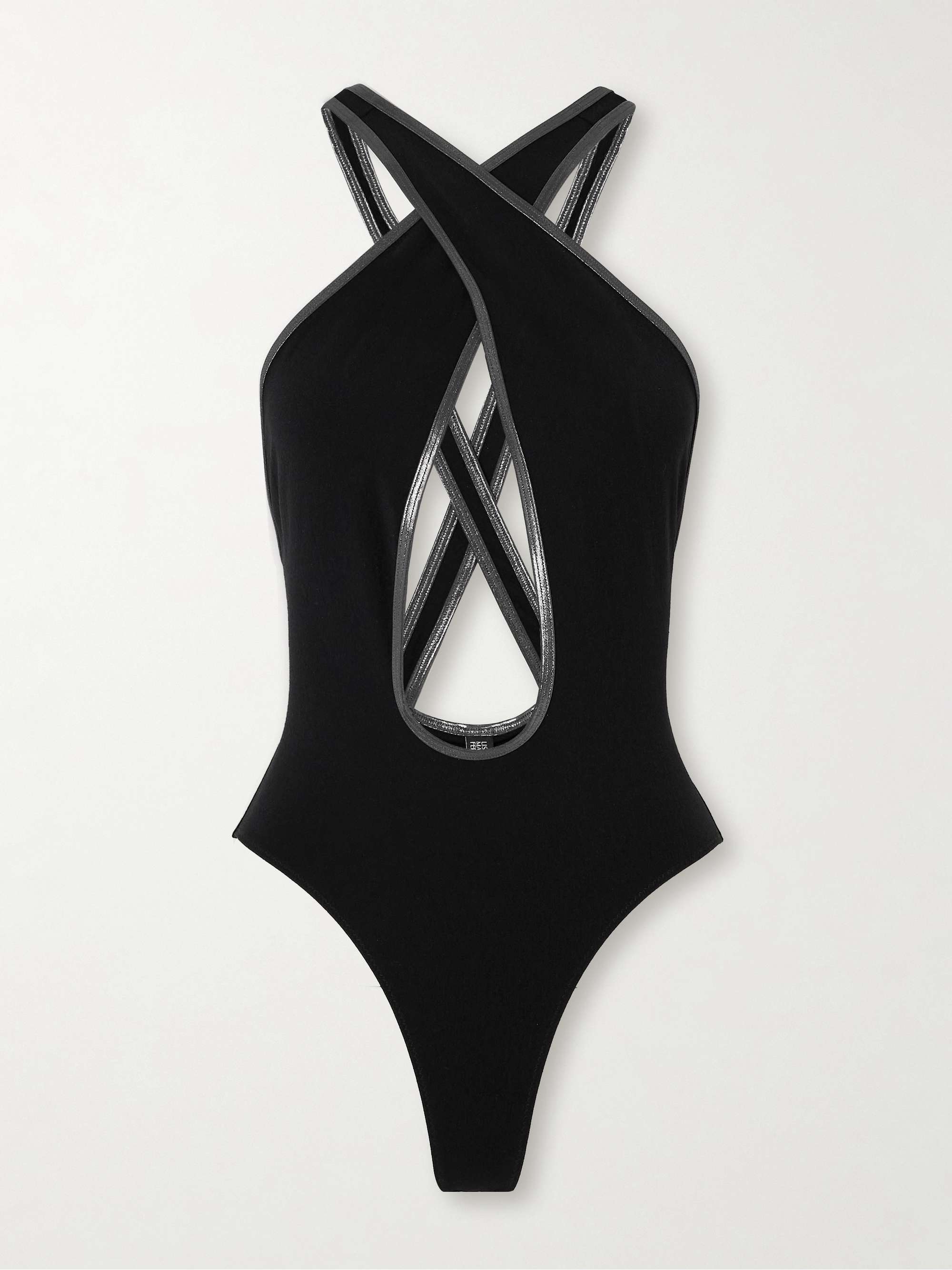 Pretzel cutout metallic-trimmed crepe swimsuit view