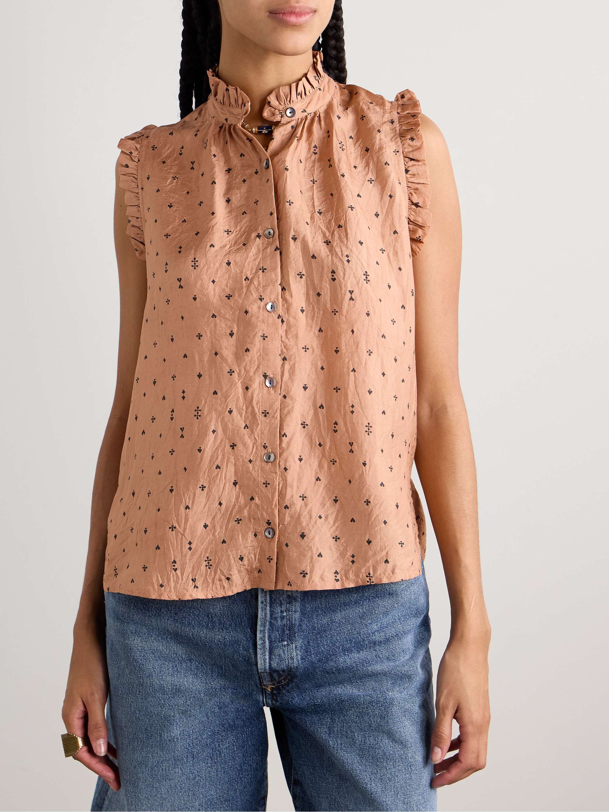 Wylder ruffled printed crinkled-silk tank view