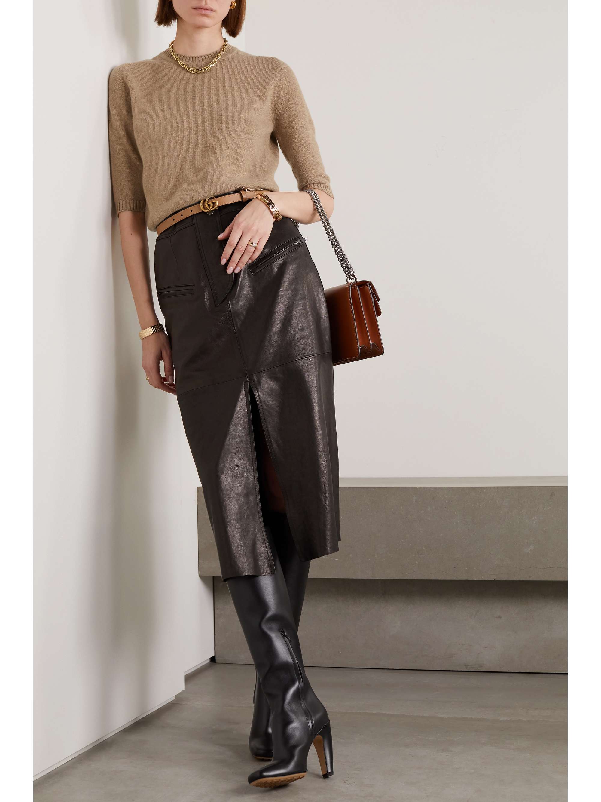 Horsebit-detailed leather-trimmed cashmere sweater view