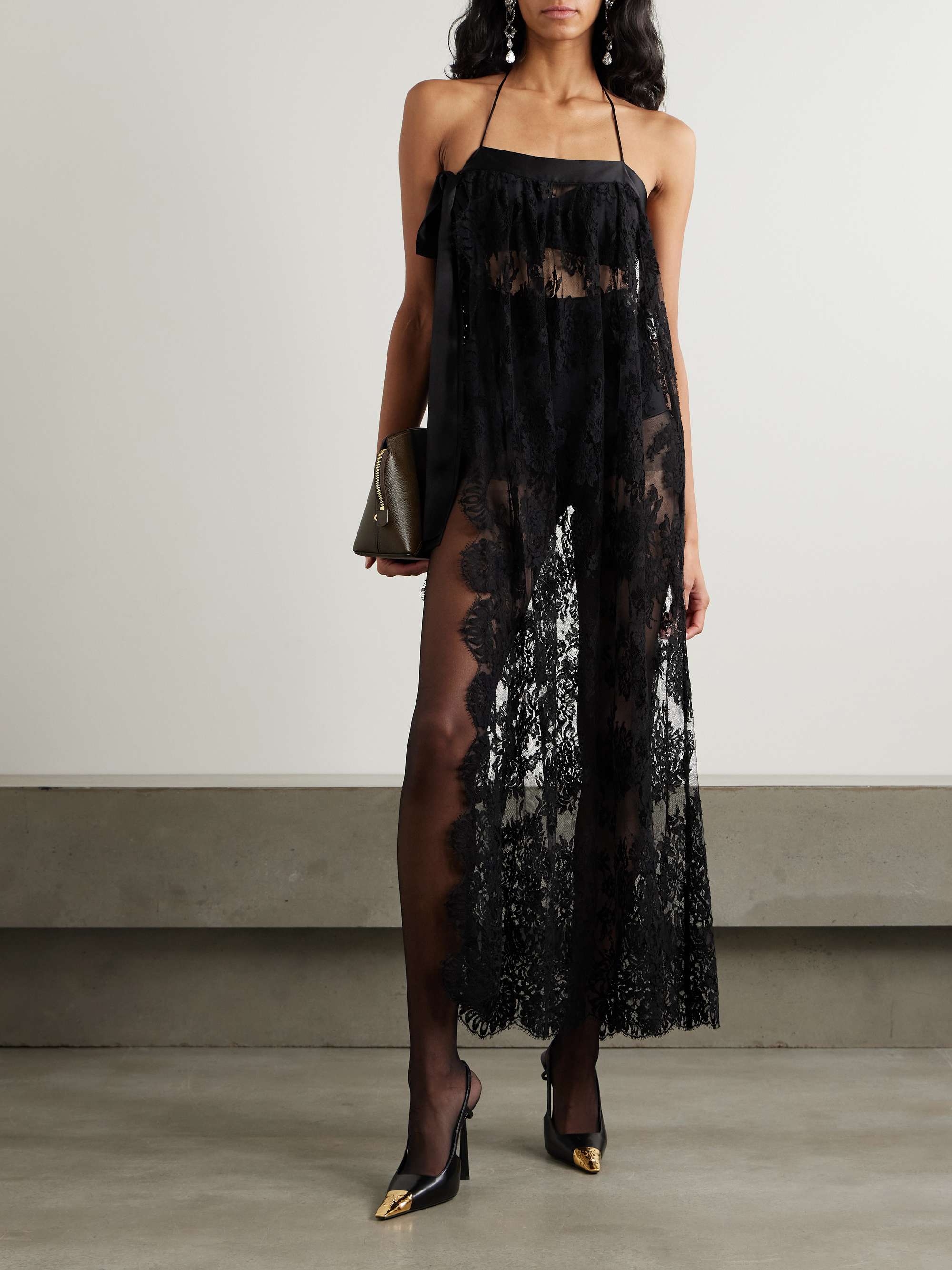 Halterneck satin-trimmed cotton-blend lace midi wrap dress view