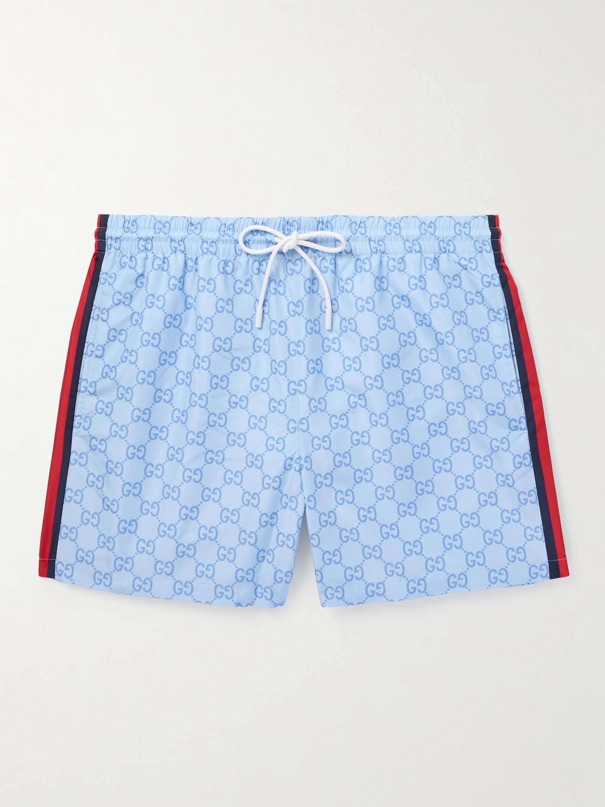 Slim-Fit Mid-Length Logo-Print Striped Swim Shorts view