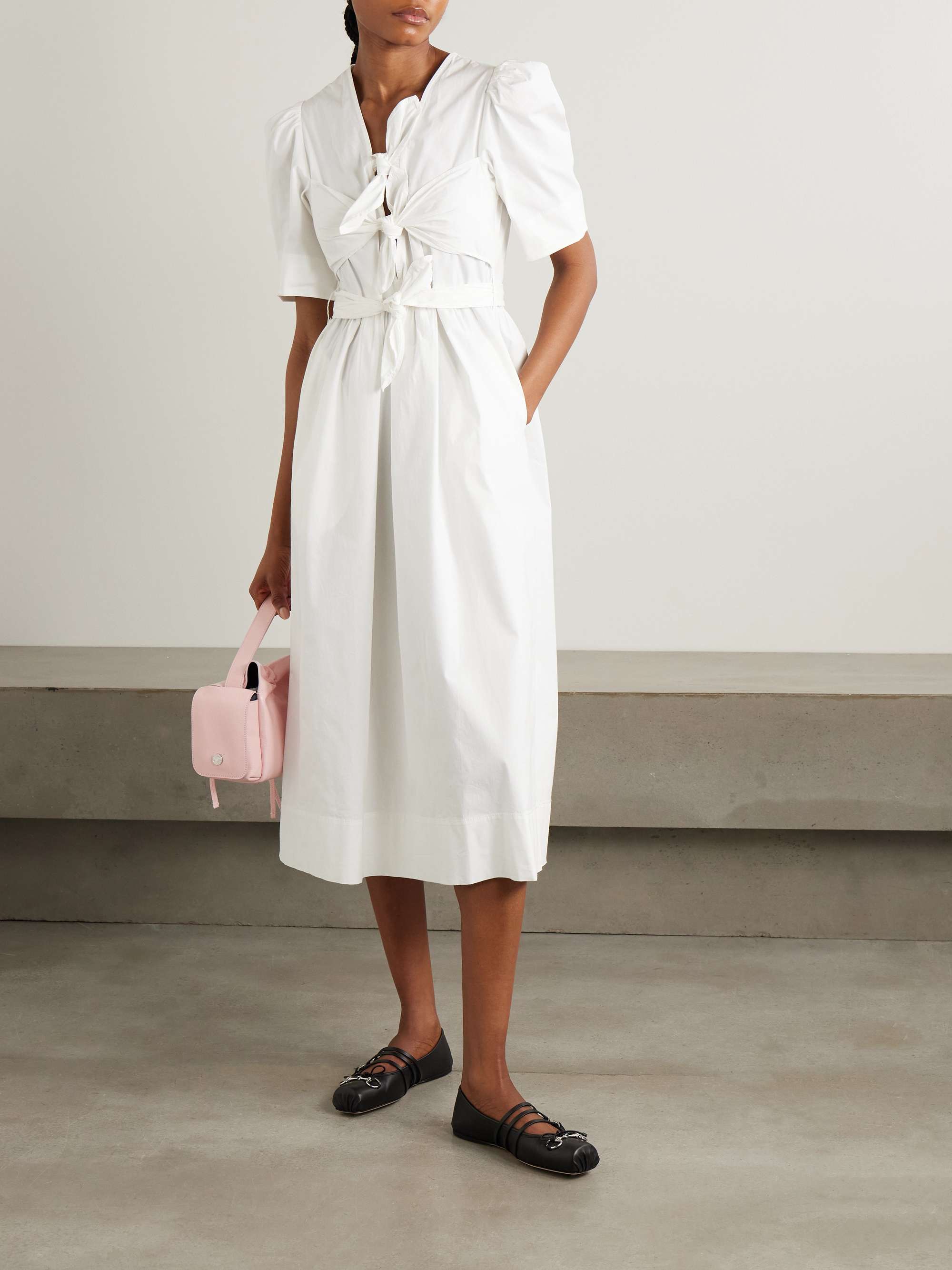 Belted tie-detailed gathered cotton-blend poplin midi dress view
