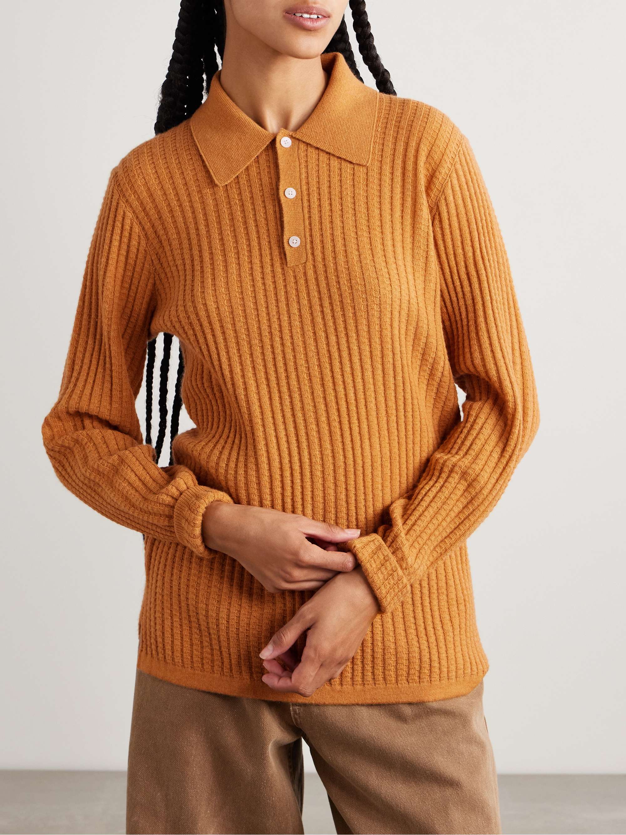 Ribbed waffle-knit cashmere polo sweater view