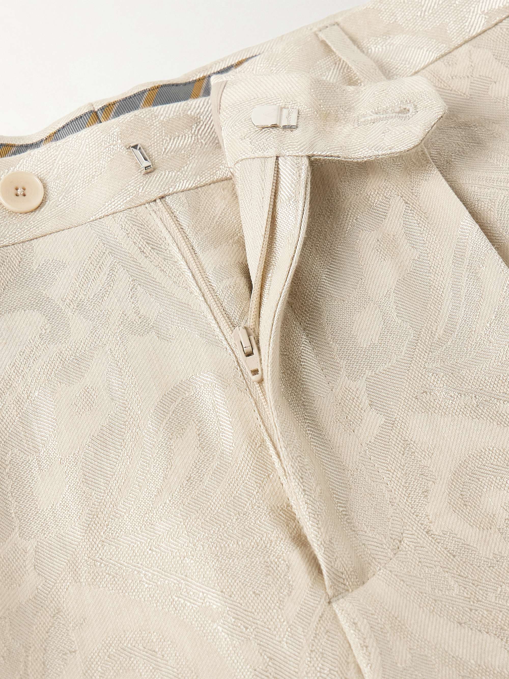 Straight-Leg Pleated Paisley-Jacquard Linen-Blend Suit Trousers view