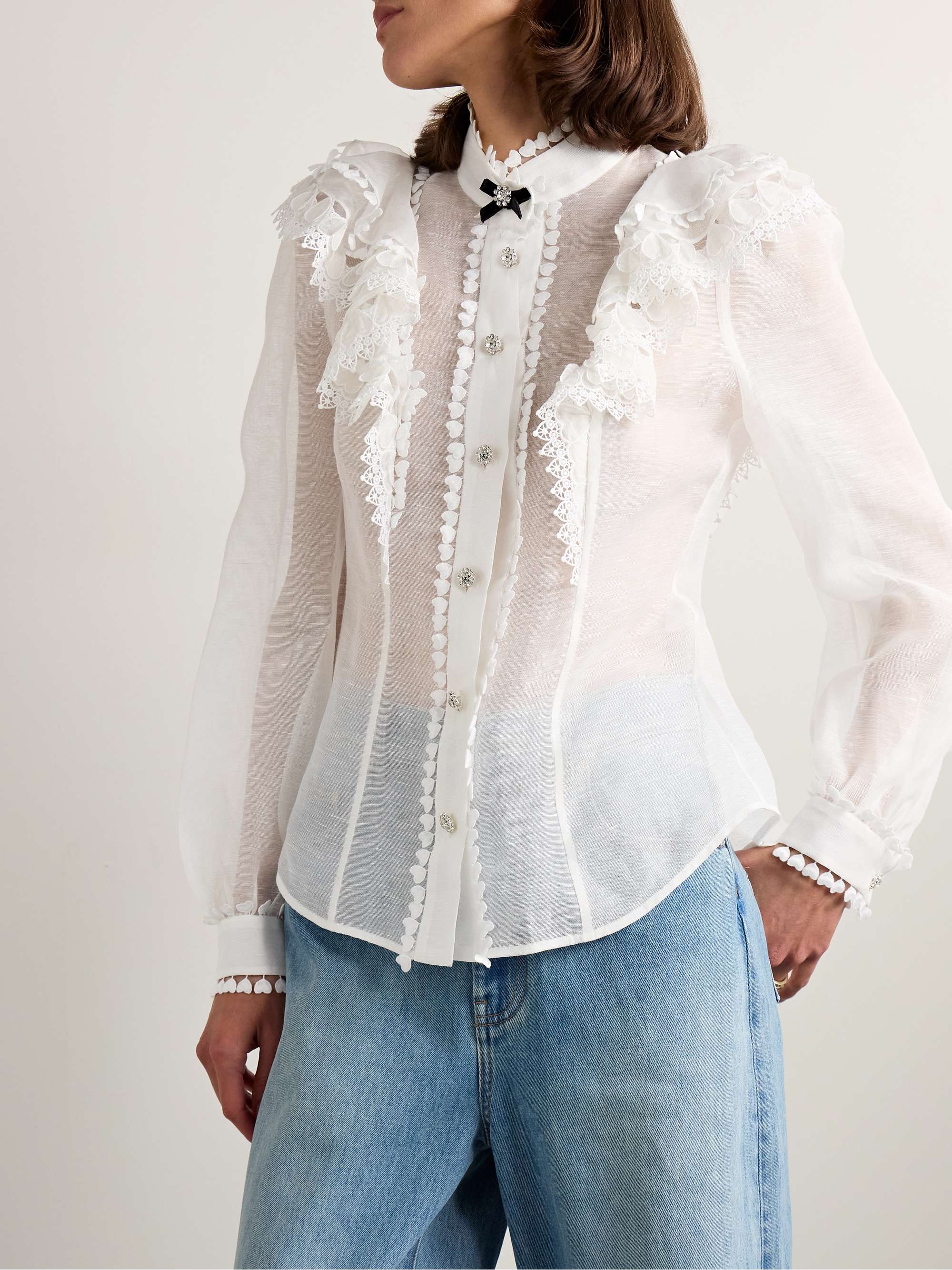 Crush crystal-embellished guipure lace-trimmed ruffled linen and silk-blend organza shirt view