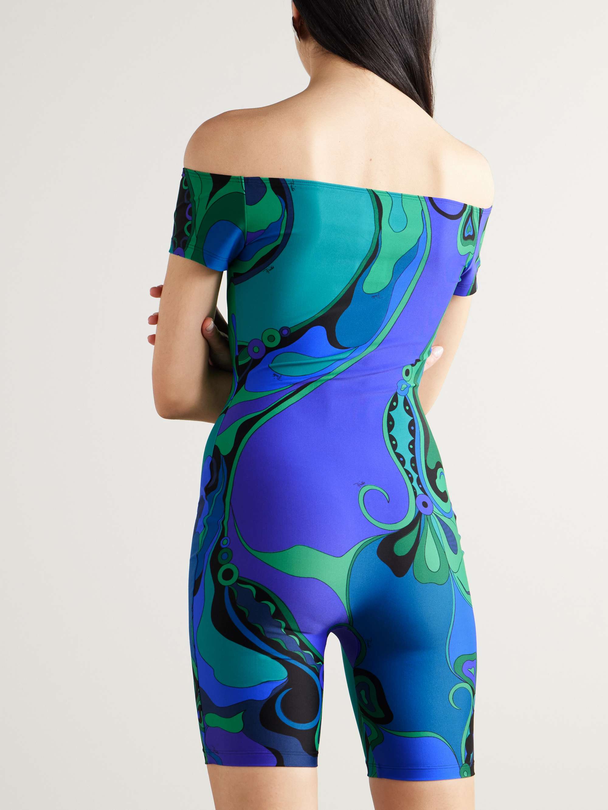 Orchidee off-the-shoulder printed satin-jersey playsuit view