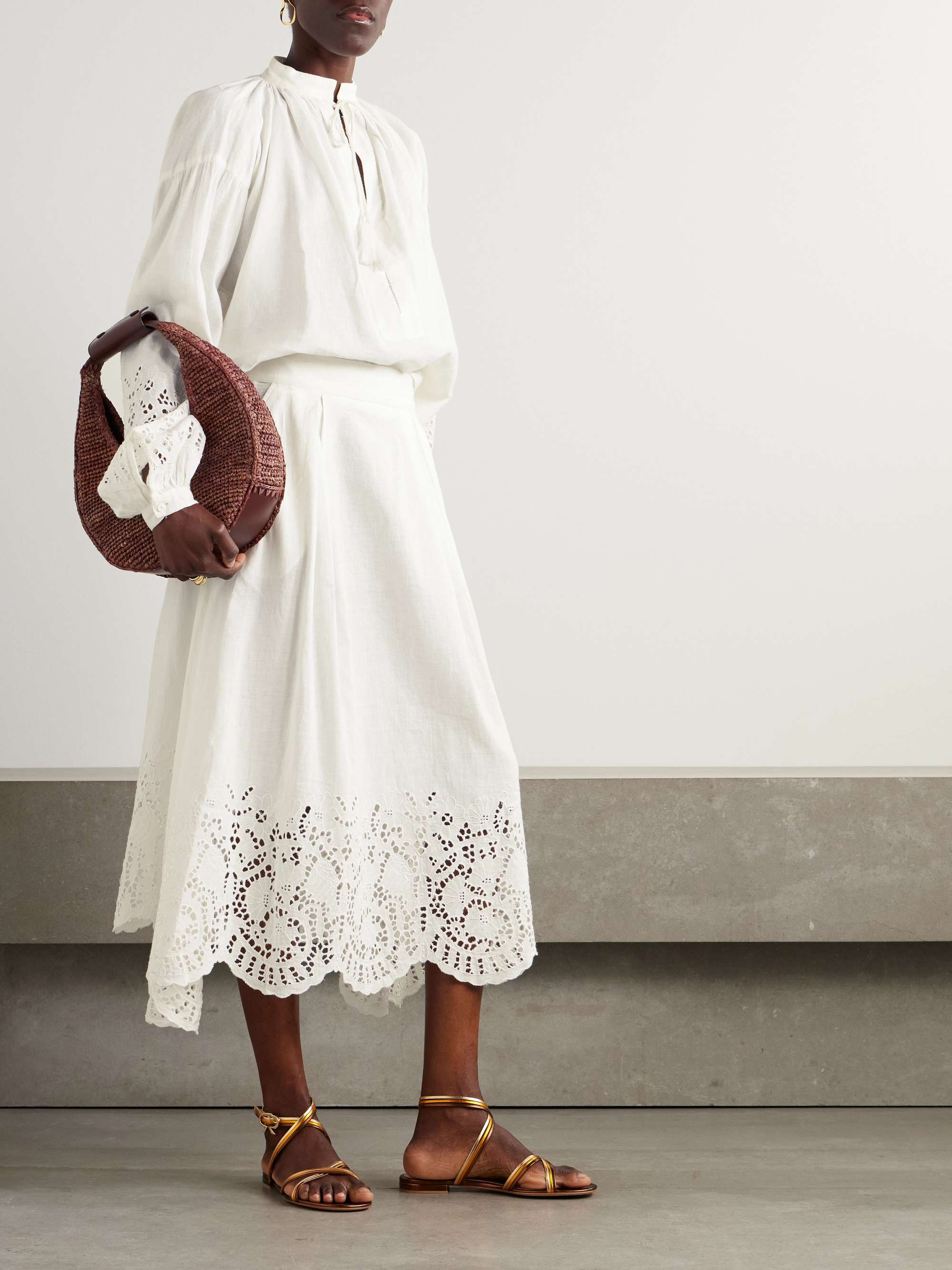 Wynona pleated broderie anglaise linen and cotton-blend midi skirt view