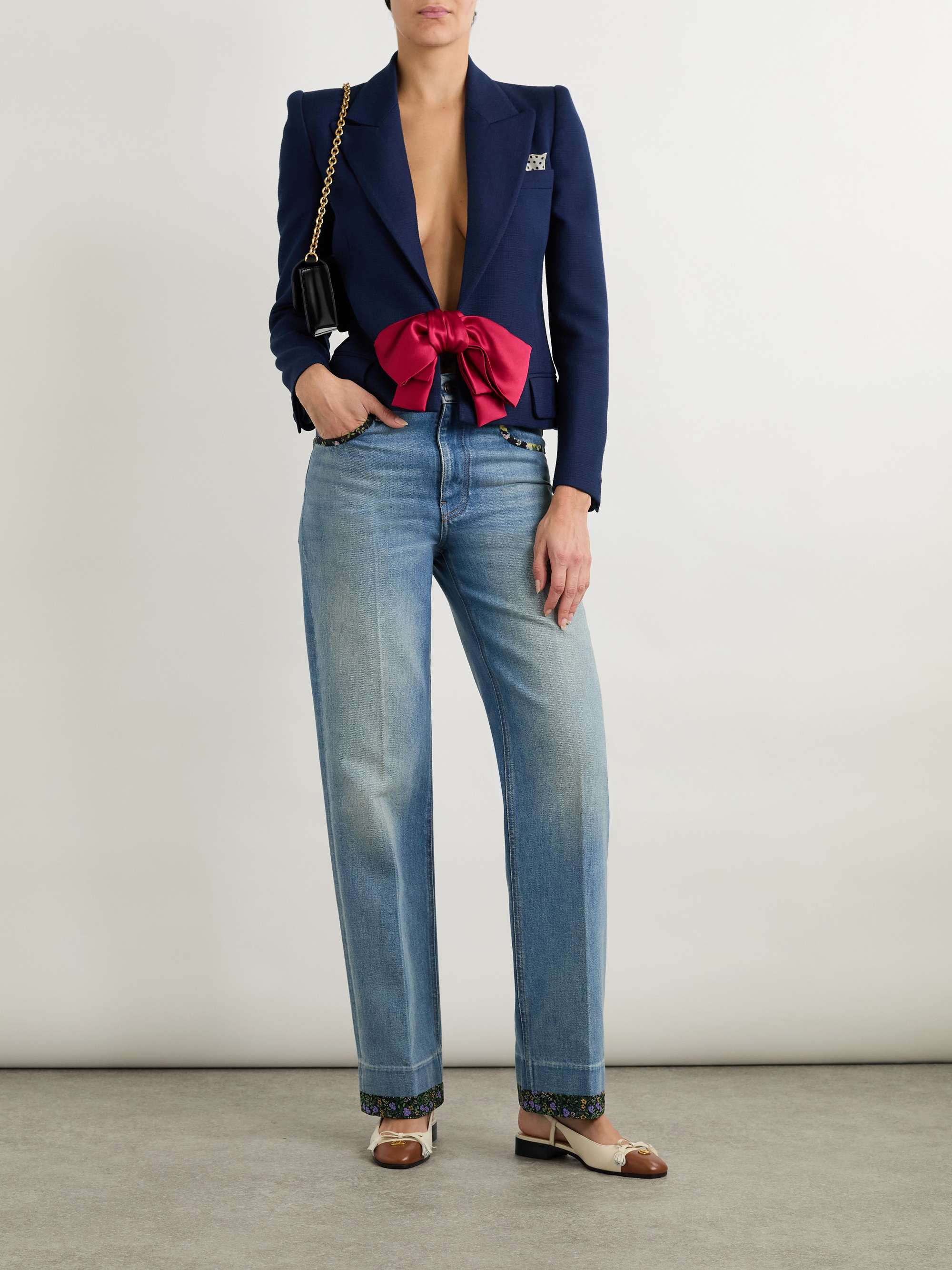 Printed chiffon-trimmed high-rise straight-leg jeans view