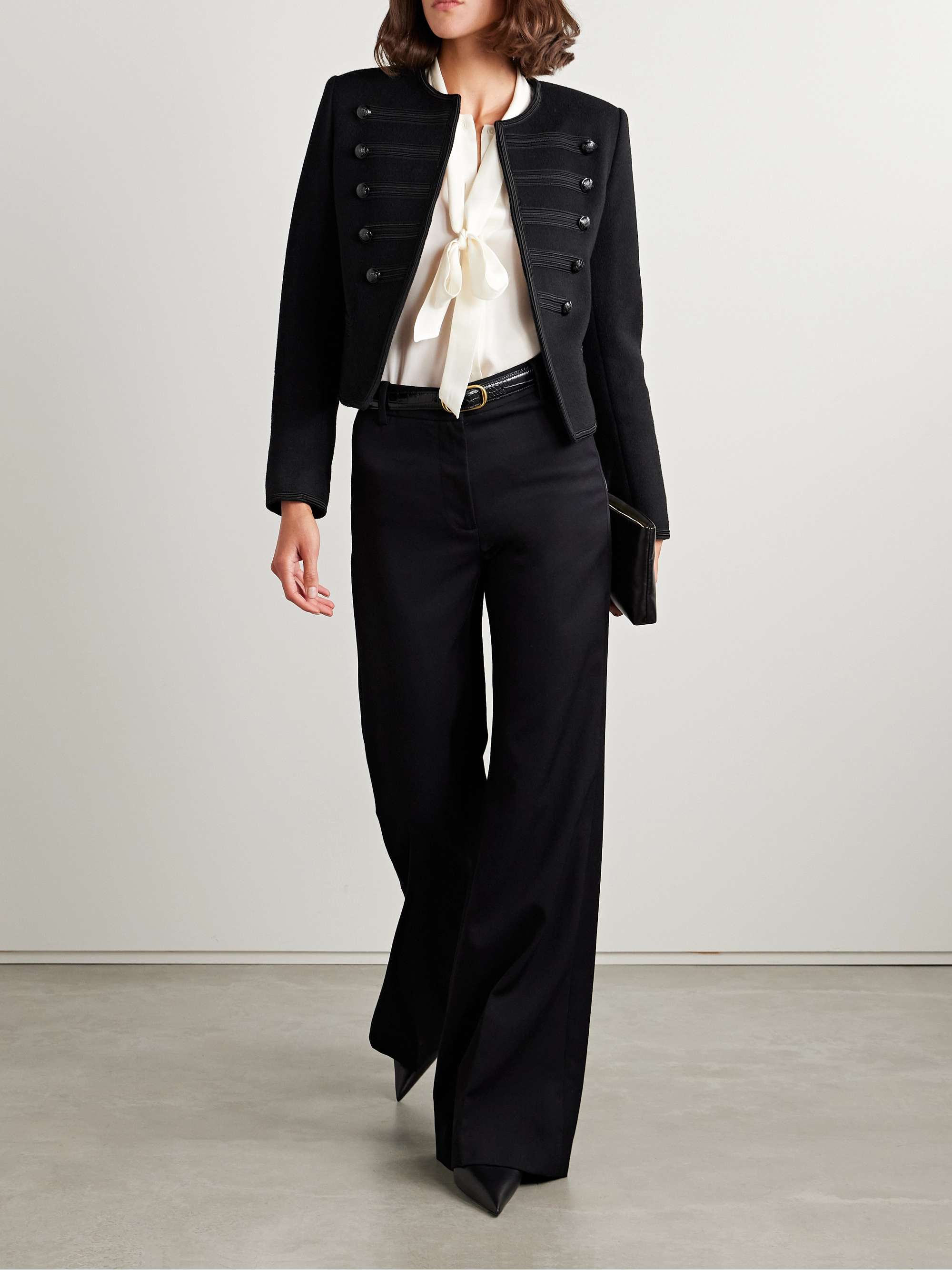 Joni cropped button-embellished satin-trimmed wool-felt jacket view
