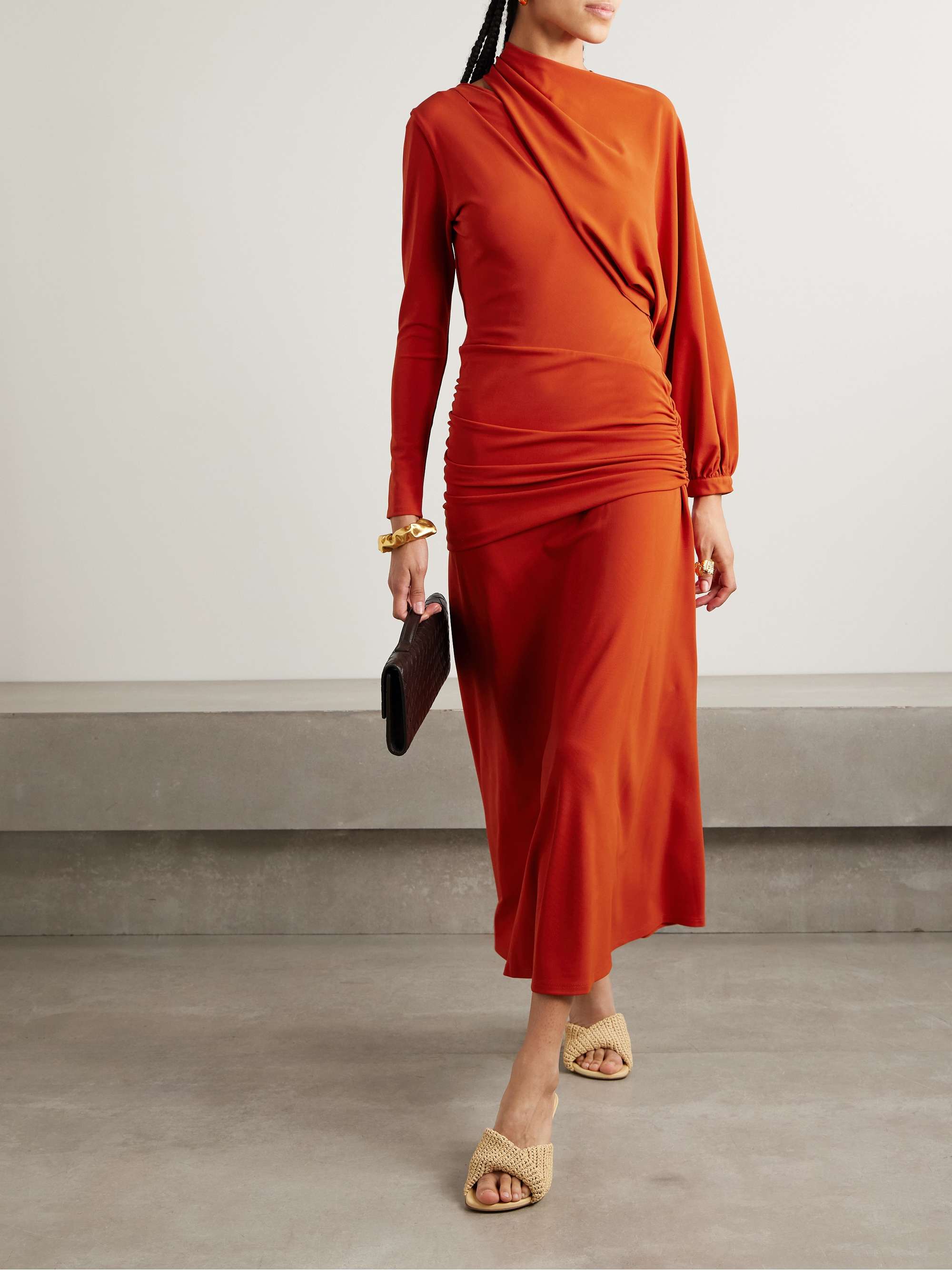 Inspiring Hearts convertible one-sleeve gathered stretch-jersey maxi dress view
