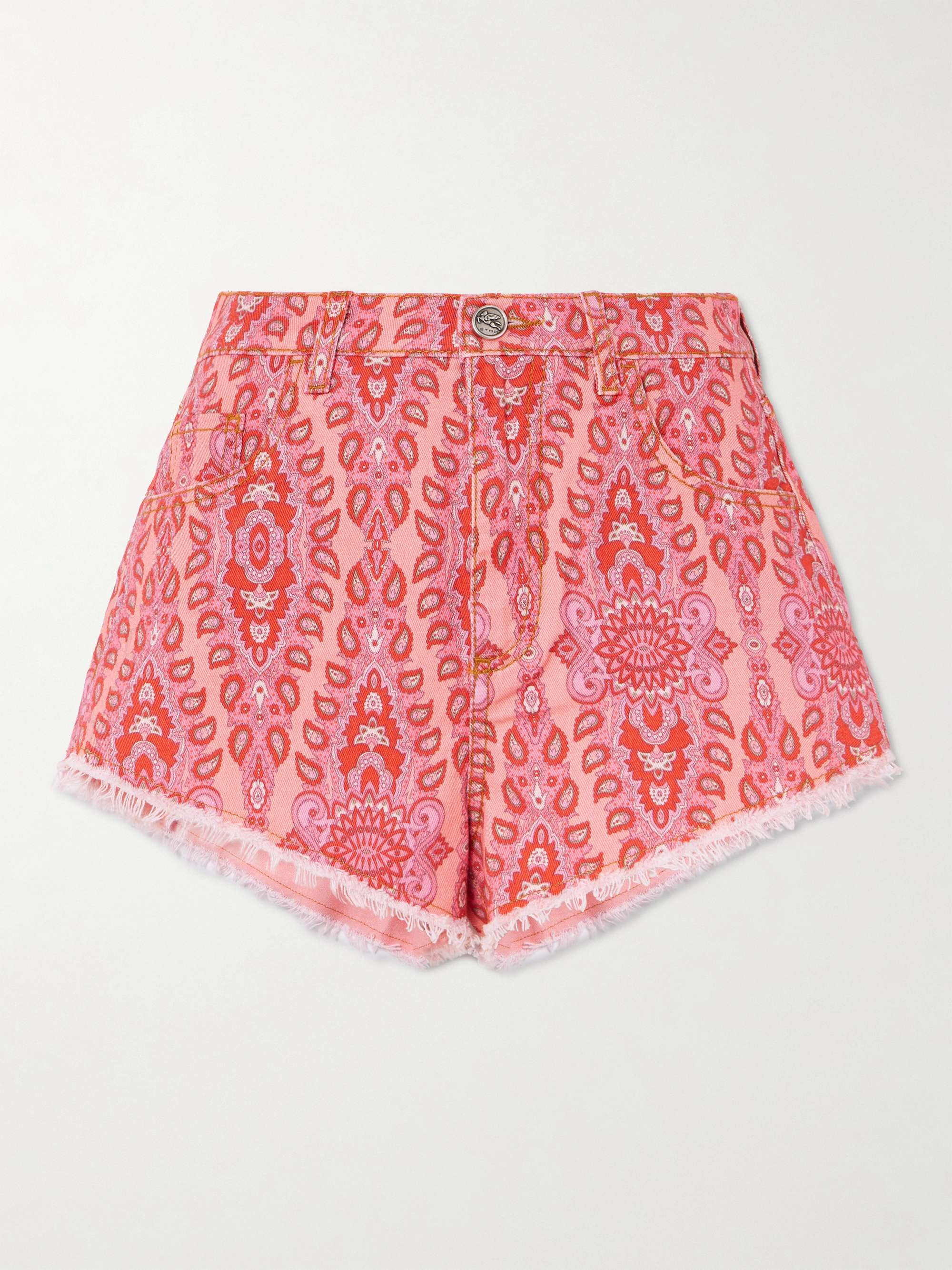 Frayed paisley-print denim shorts view