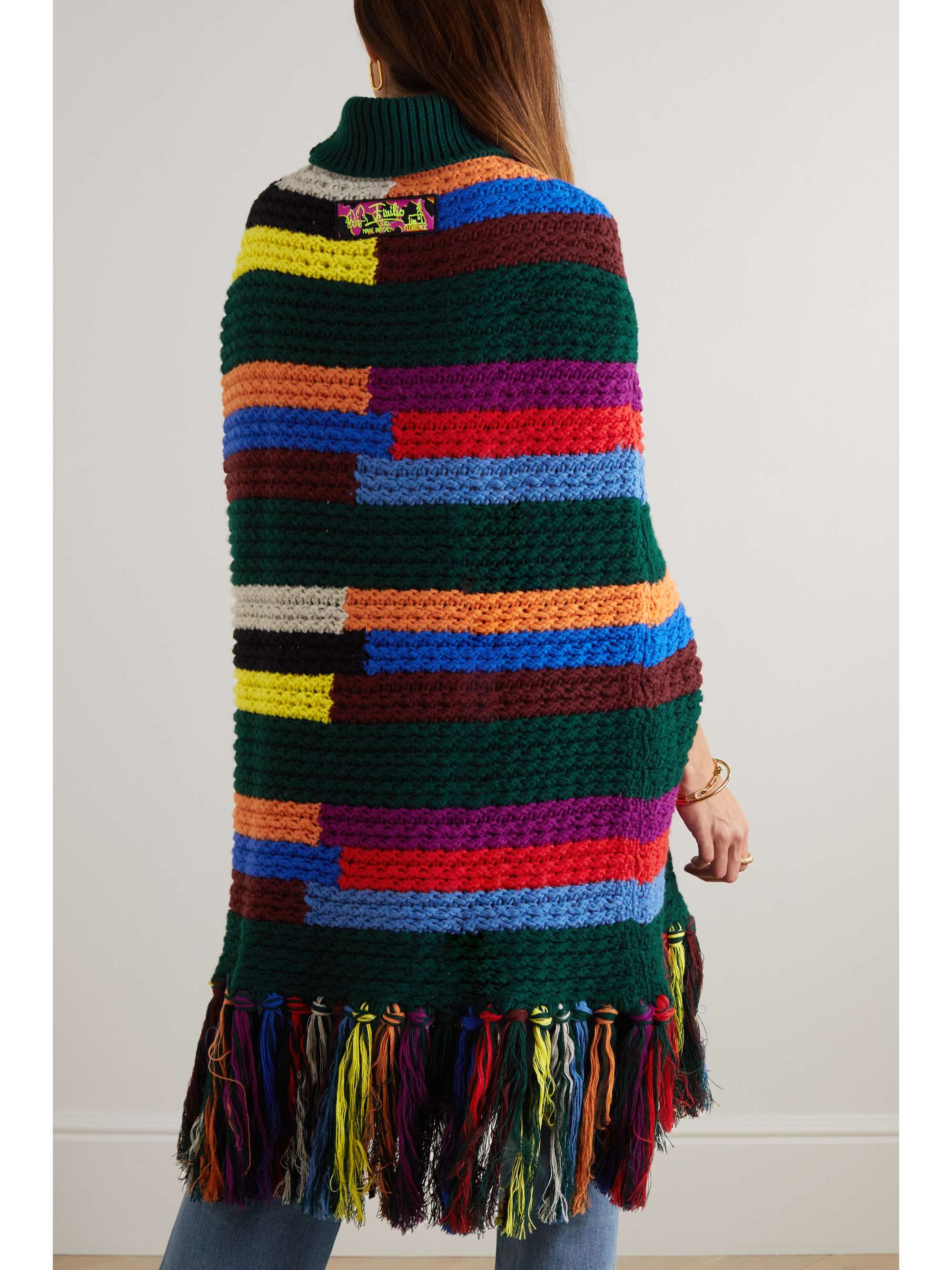 Fringed striped wool turtleneck poncho view