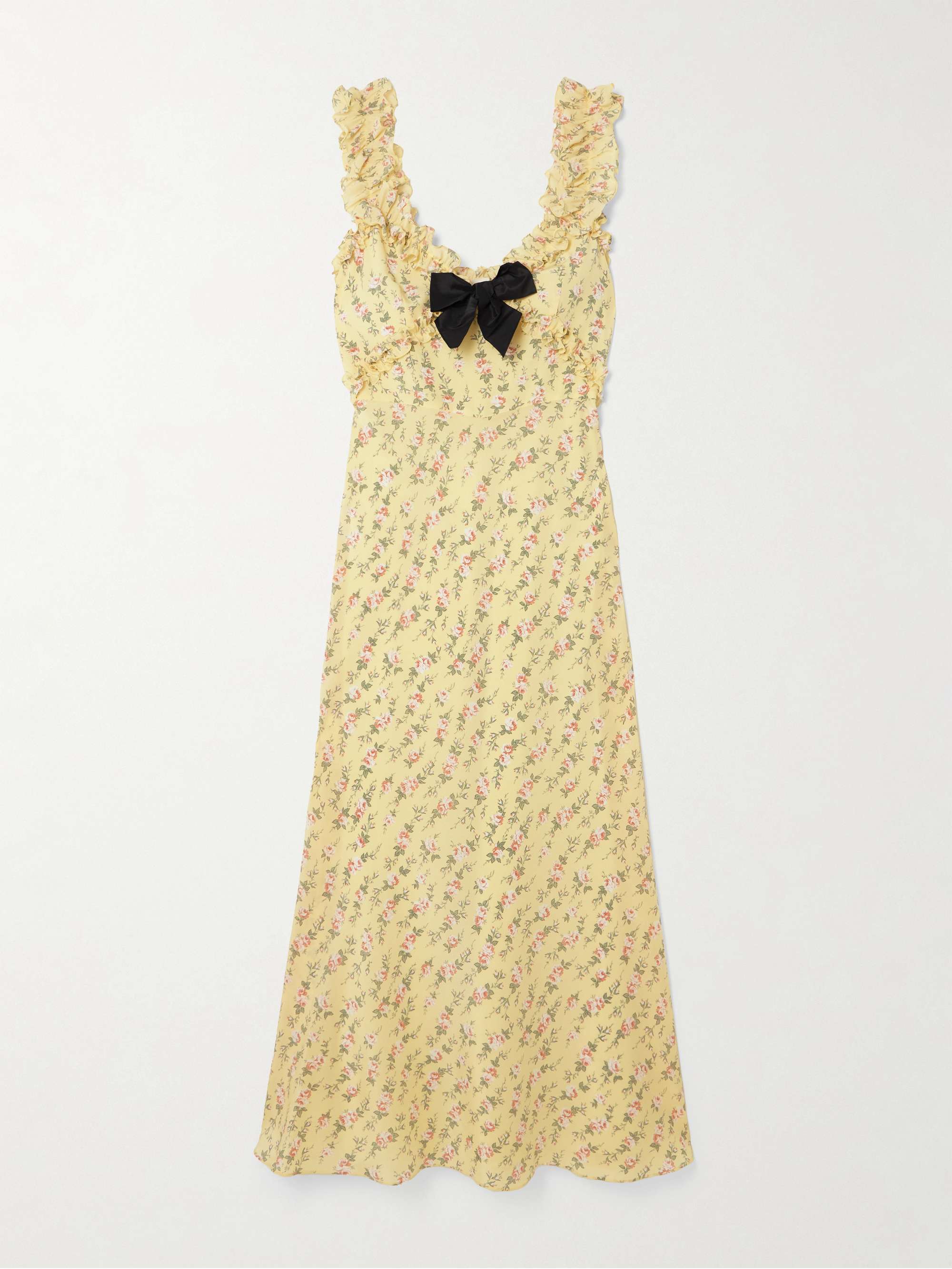 Bow-detailed ruffled floral-print silk crepe de chine midi dress view