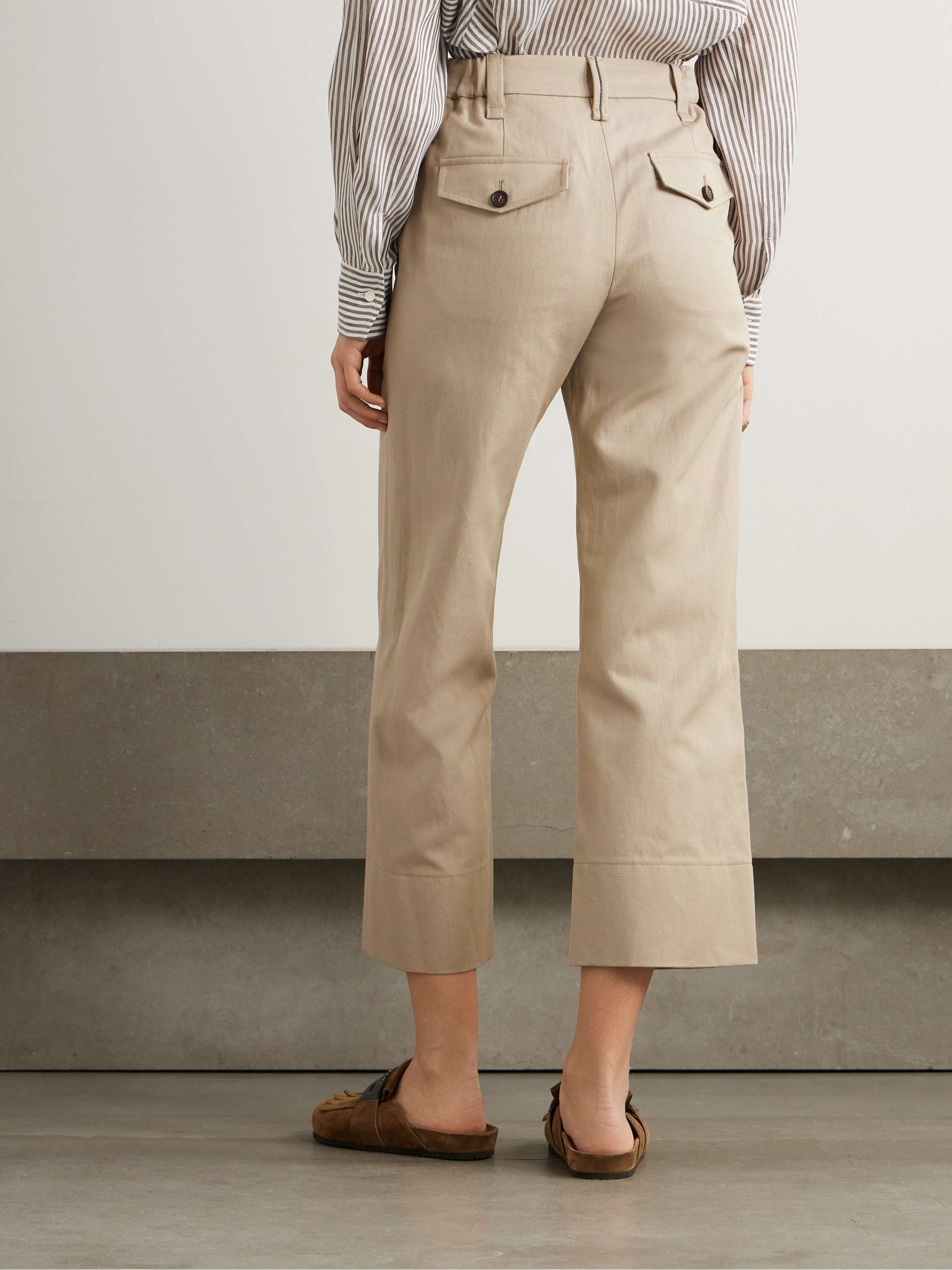 Bead-embellished cropped cotton and linen-blend twill straight-leg pants view
