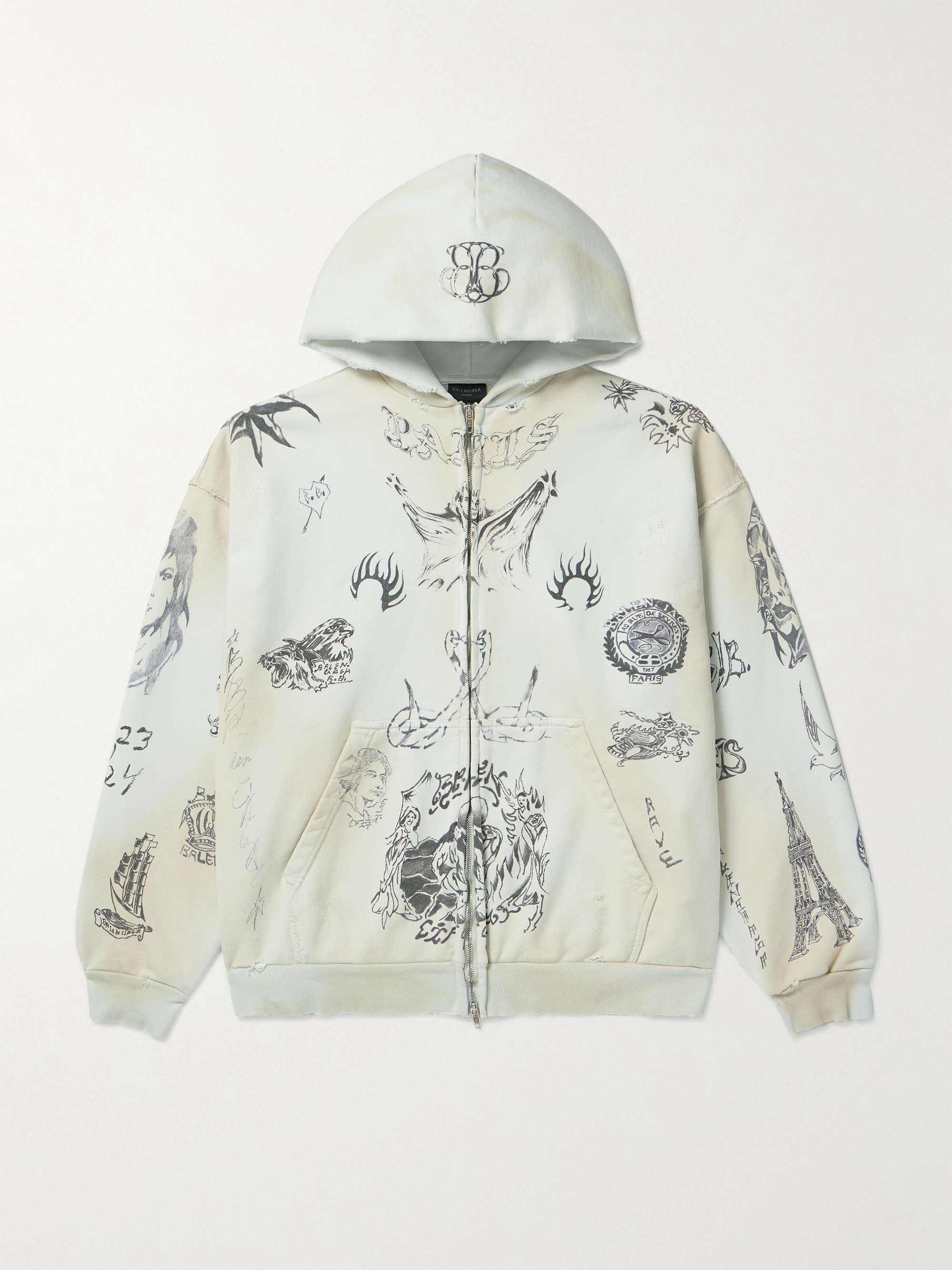 Tat Printed Distressed Cotton-Jersey Zip-Up Hoodie view