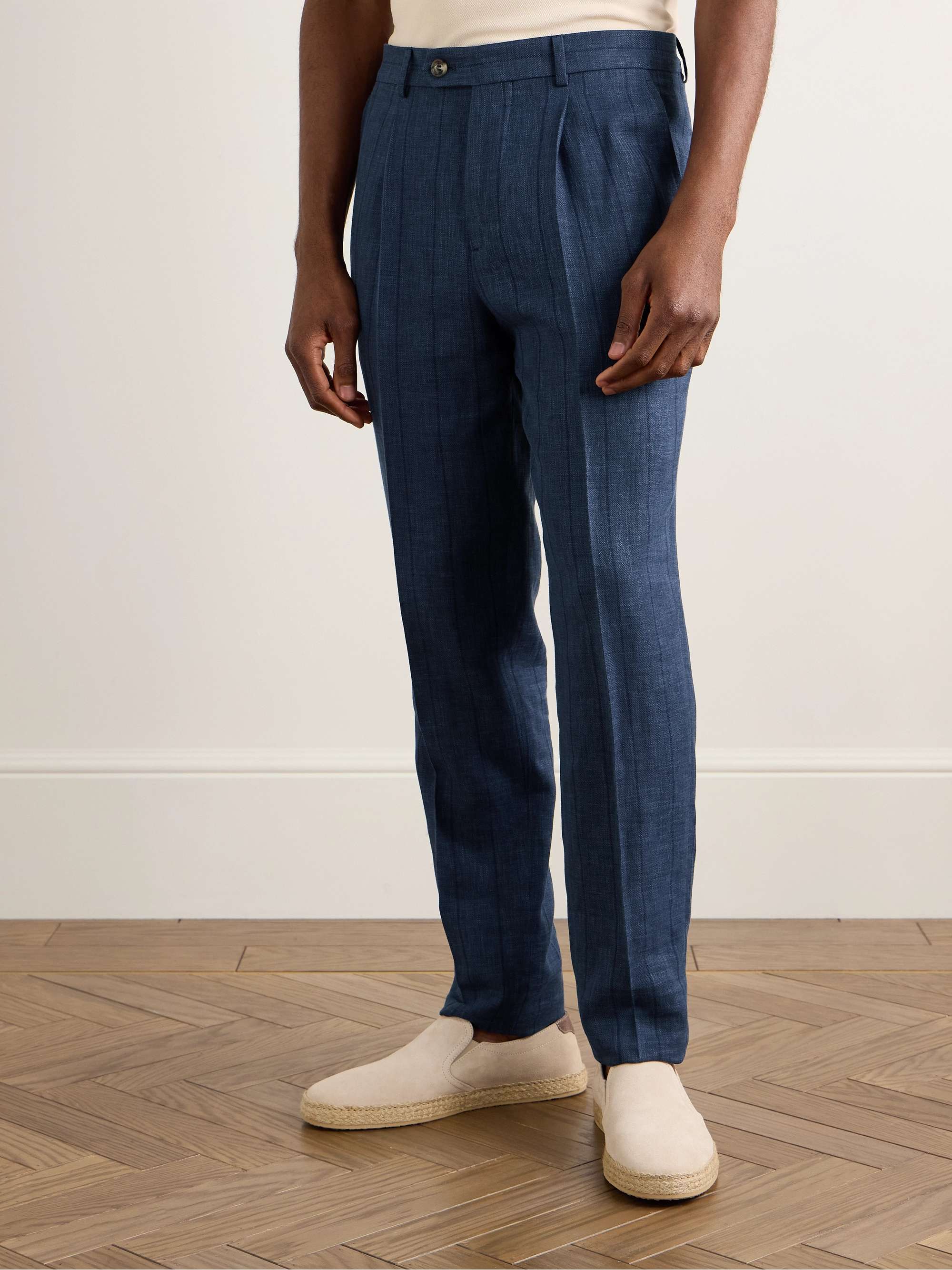 Slim-Fit Pleated Striped Wool, Linen and Silk-Blend Suit Trousers view