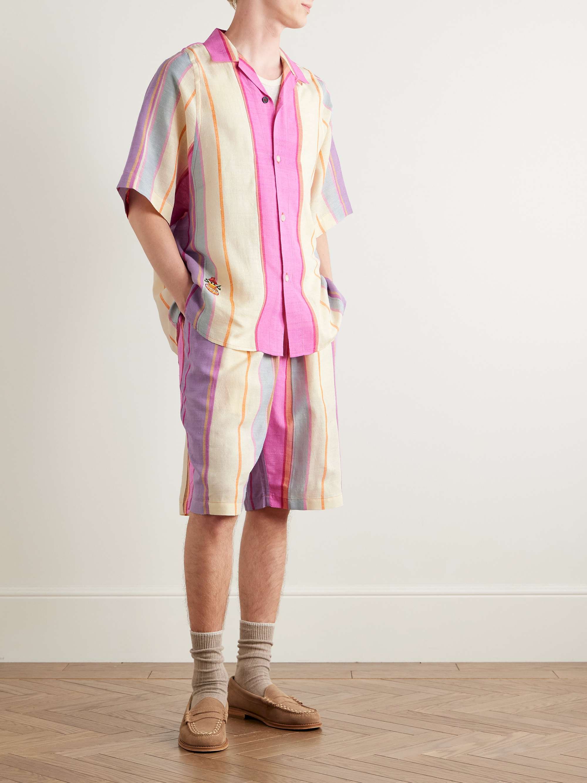 Yusuke Convertible-Collar Embroidered Striped Silk Shirt view
