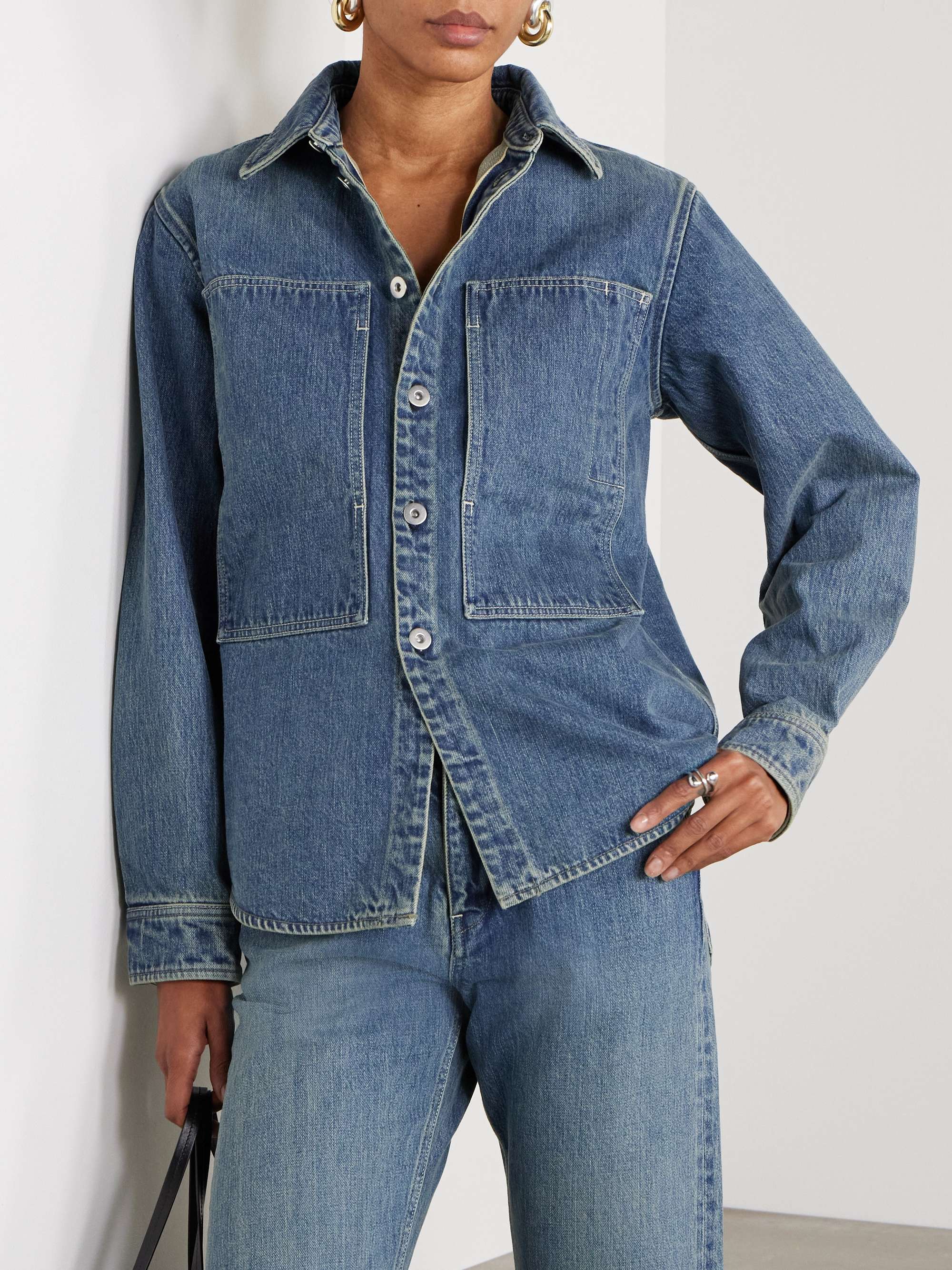 Leather-trimmed paneled denim shirt view