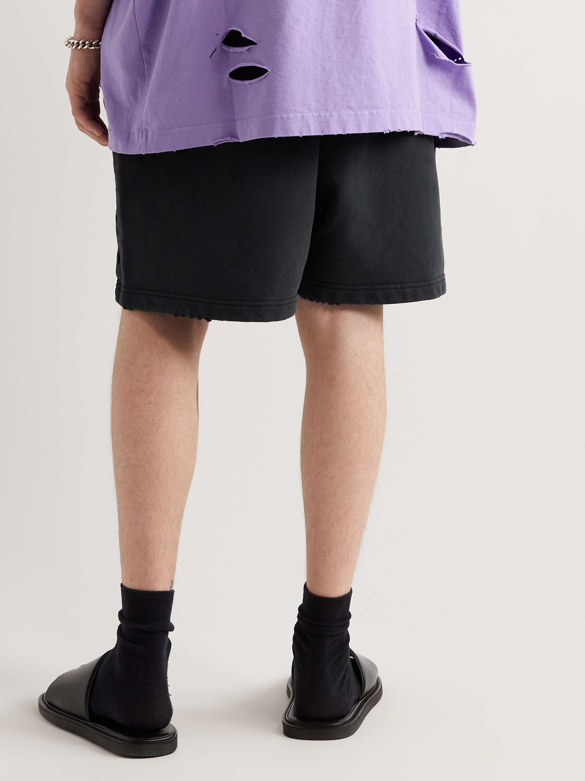 Wide-Leg Logo-Embroidered Distressed Cotton-Jersey Shorts view