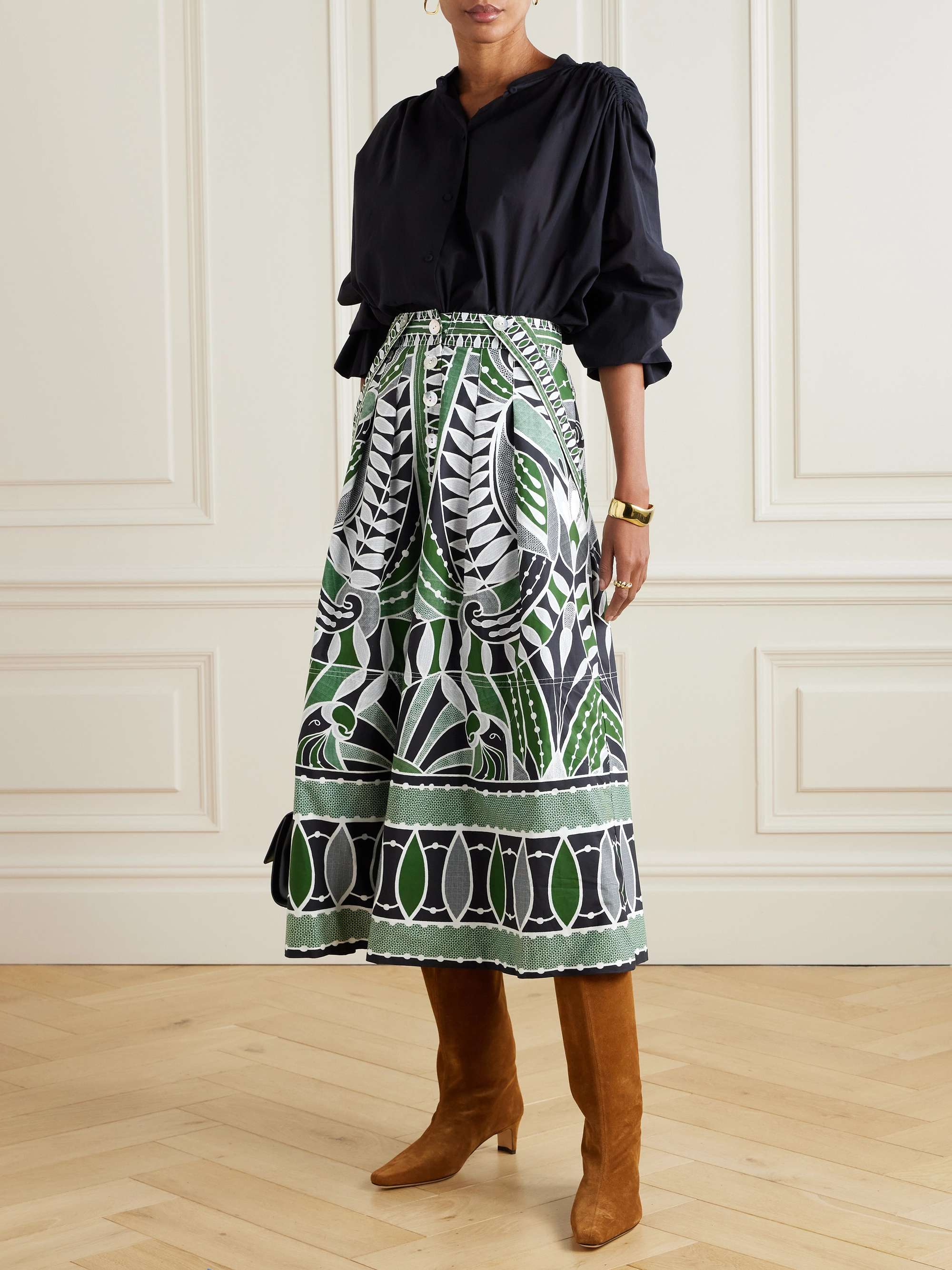 Pleated printed cotton-poplin midi skirt view