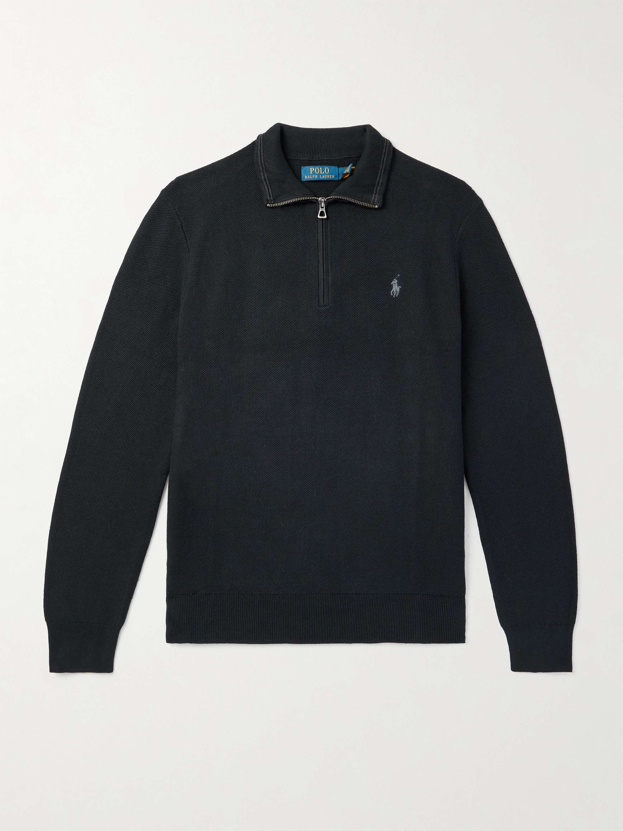 Logo-Embroidered Honeycomb-Knit Cotton Half-Zip Sweater view