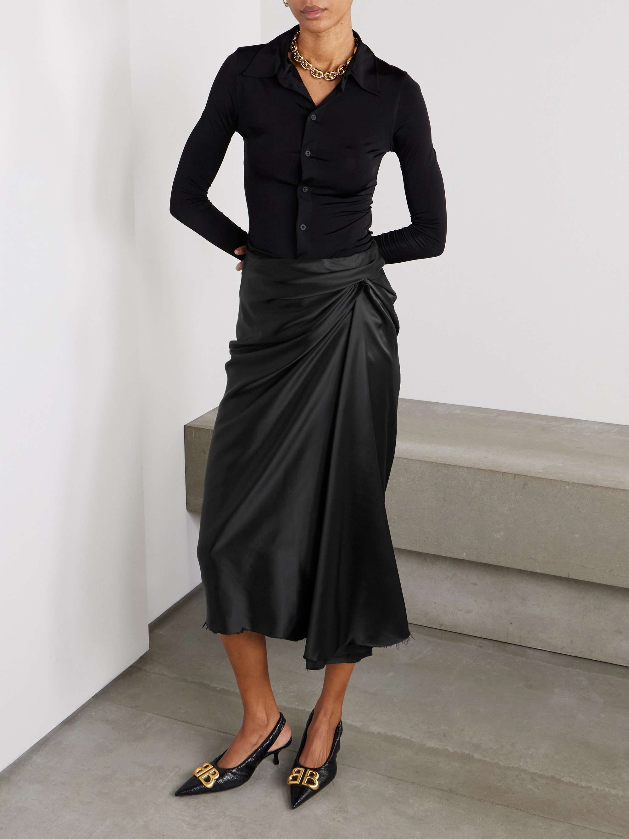 Asymmetric frayed gathered draped satin midi skirt view