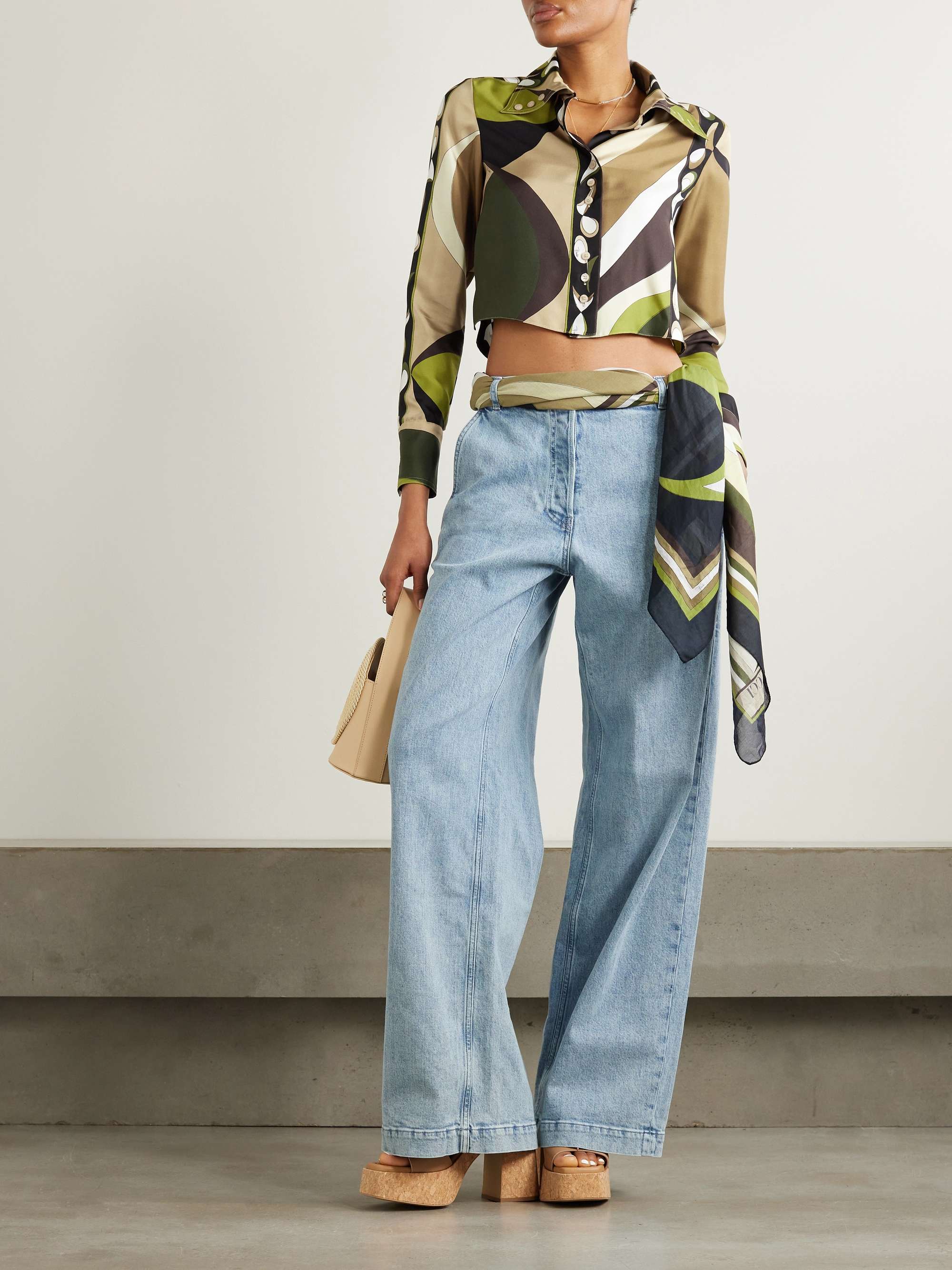 Cropped printed silk-twill shirt view