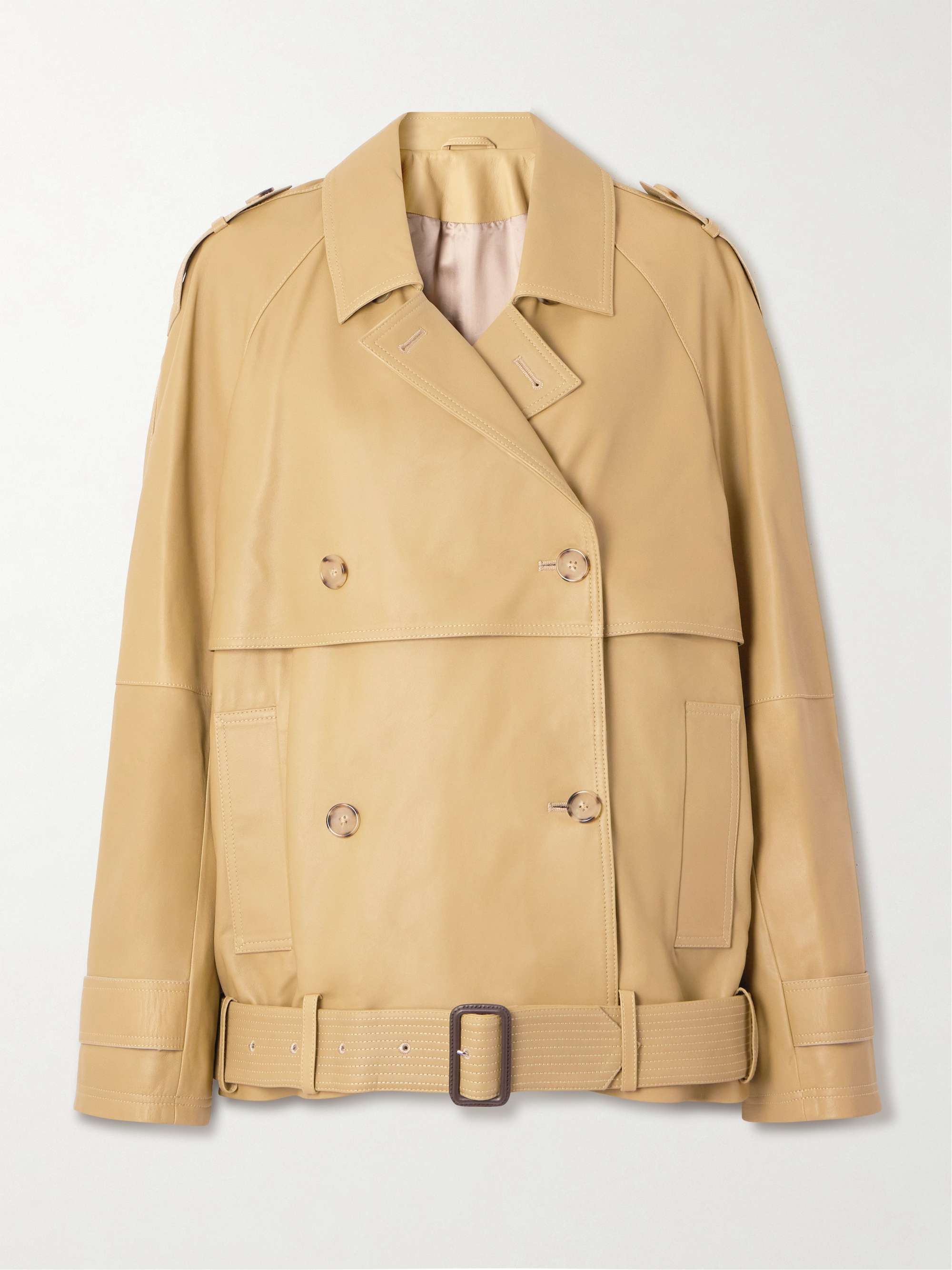 Double-breasted belted layered leather jacket view