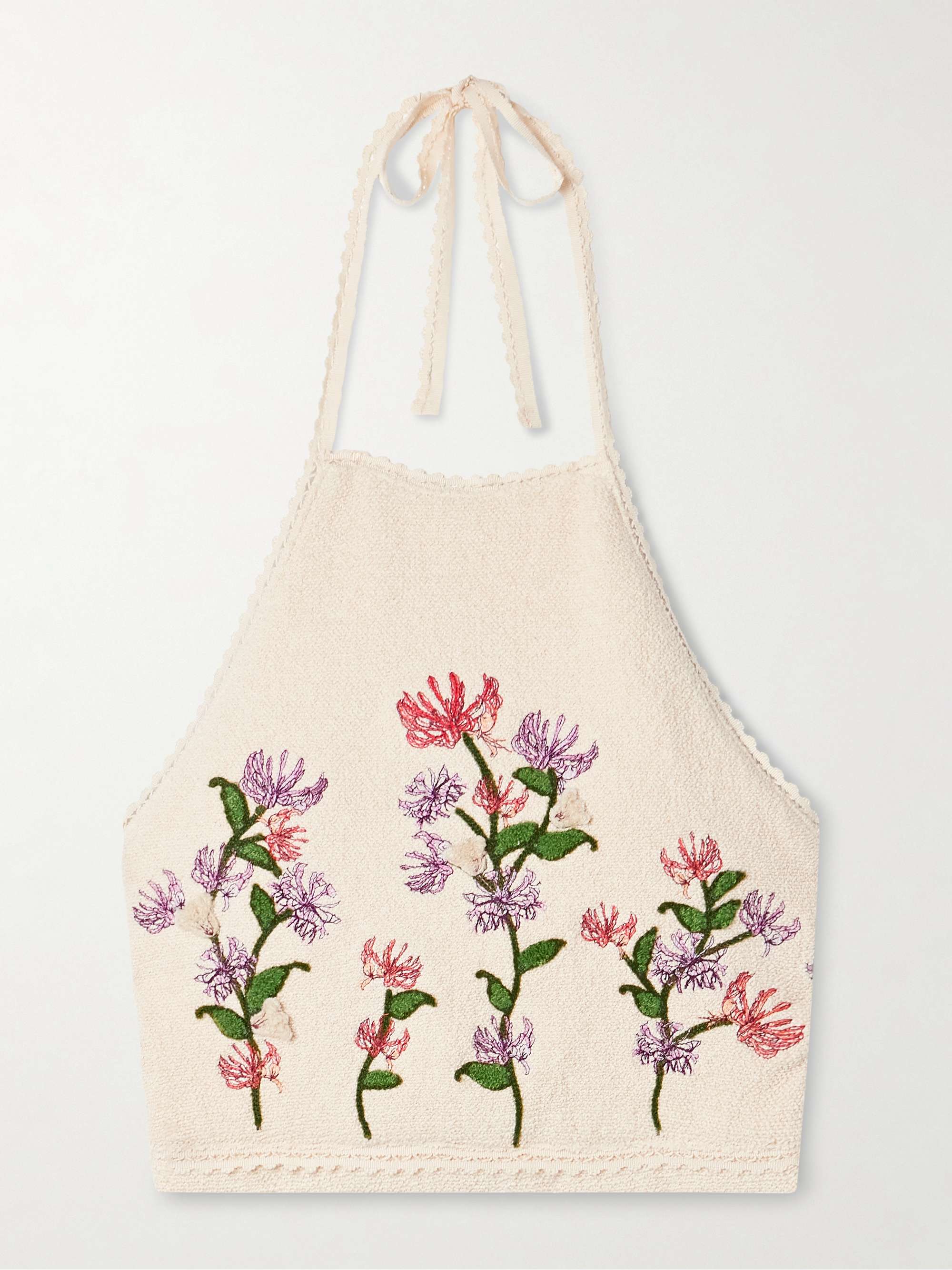 Carlota Honeysuckle cropped appliquéd embroidered cotton-blend bouclé halterneck top view