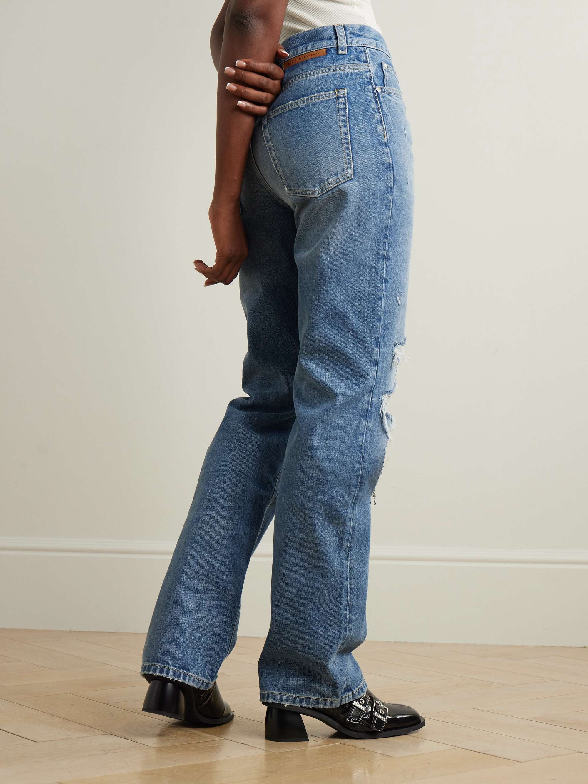Falabella distressed embellished high-rise straight-leg jeans view
