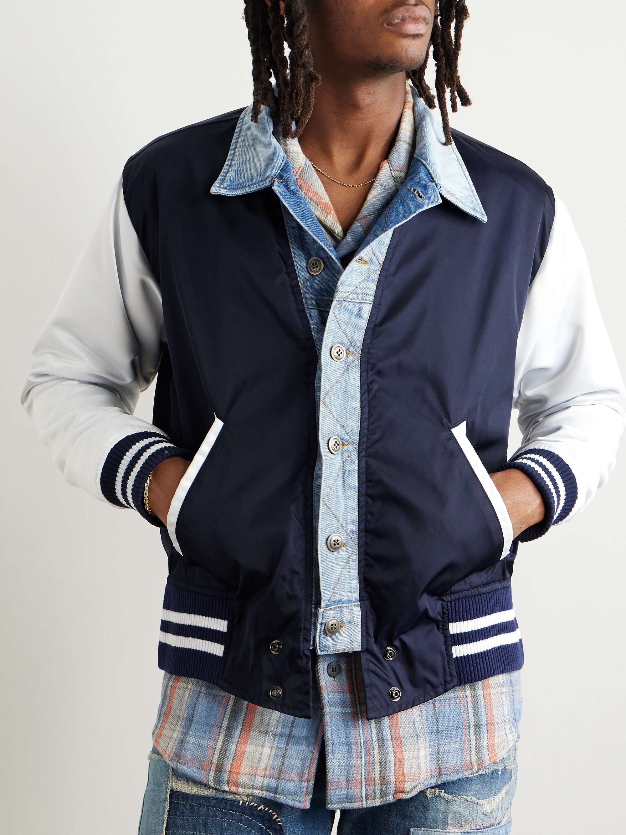 Slim-Fit Denim-Trimmed Satin Varsity Jacket view