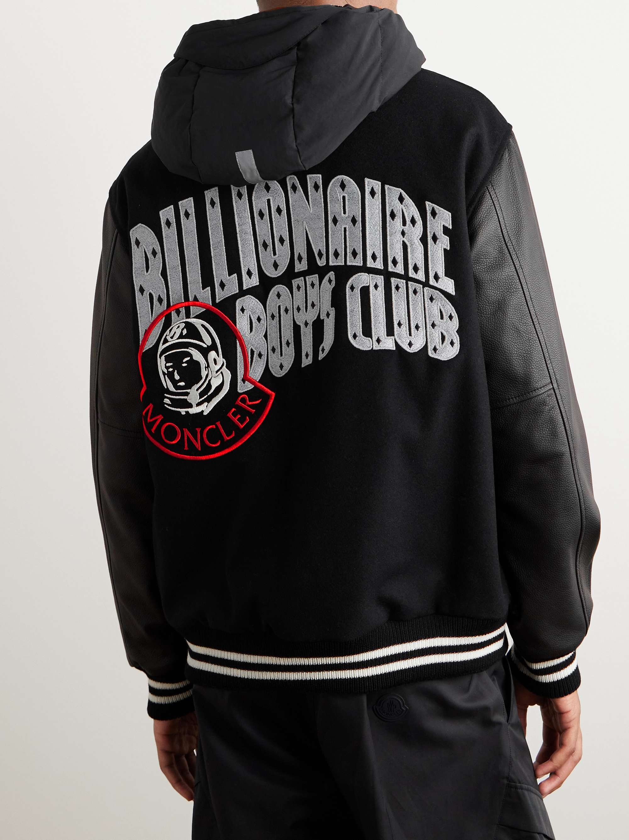 + Billionare Boys Club Leather-Trimmed Logo-Appliquéd Embroidered Wool-Blend Hooded Bomber Jacket view