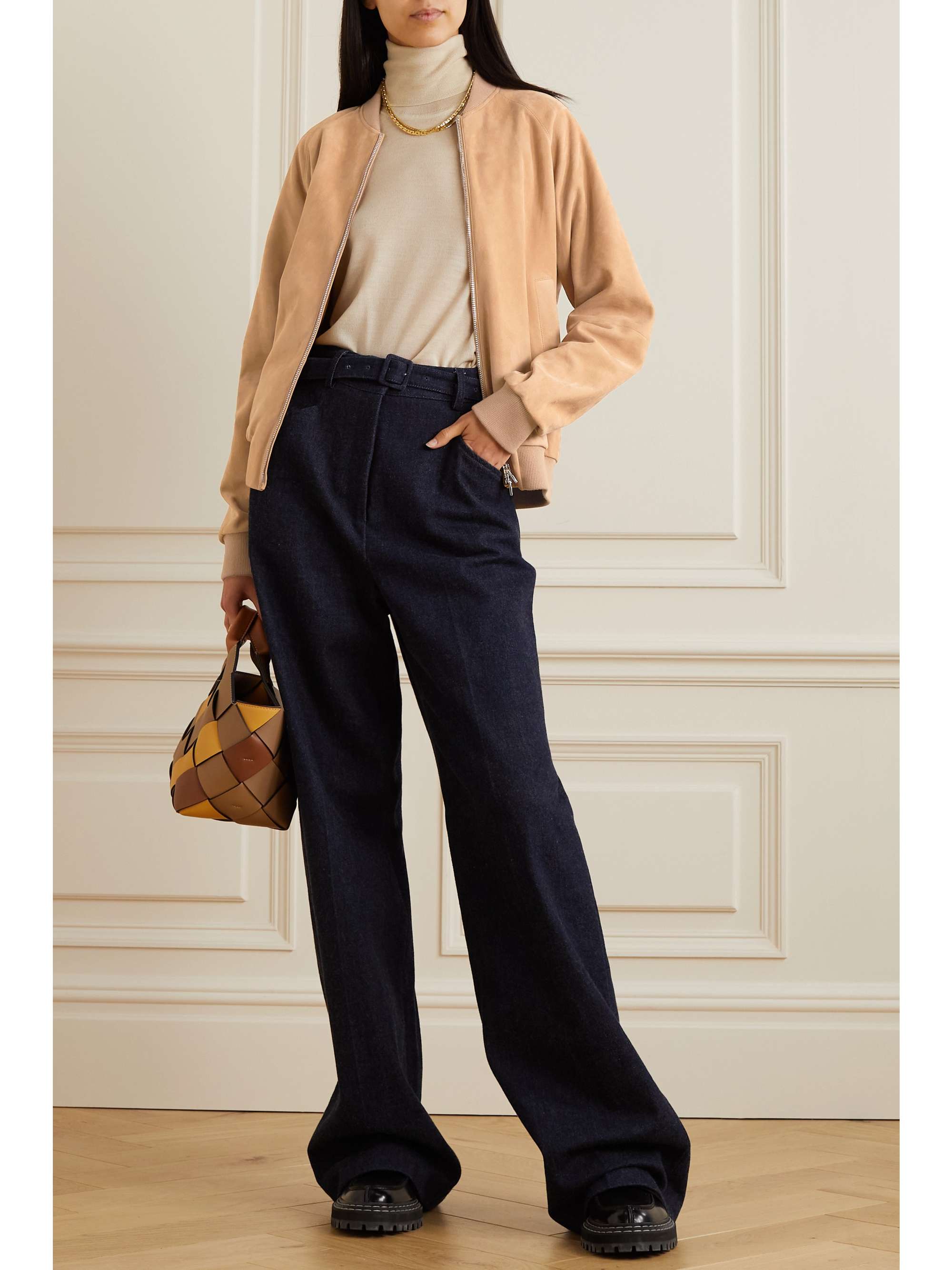 Ribbed cashmere-trimmed suede bomber jacket view