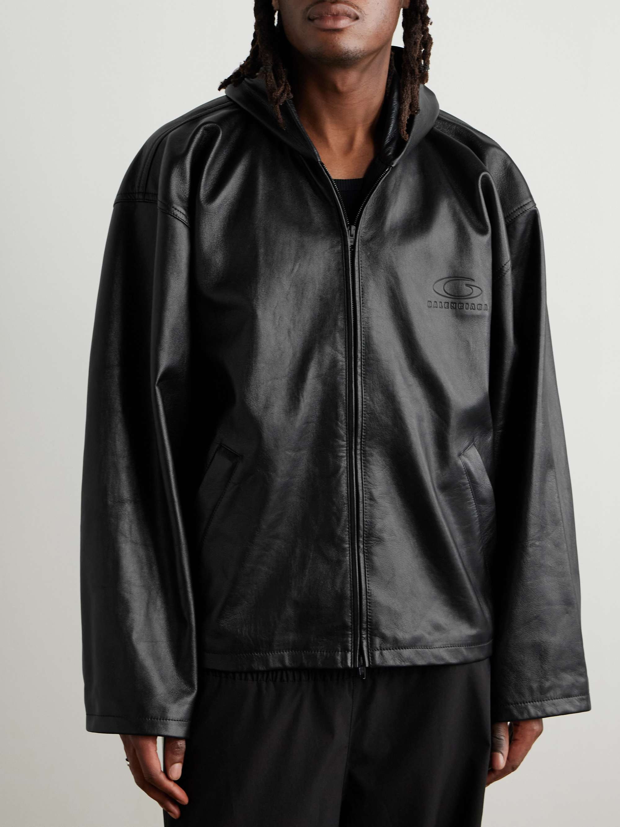 Oversized Logo-Debossed Leather Hooded Jacket view